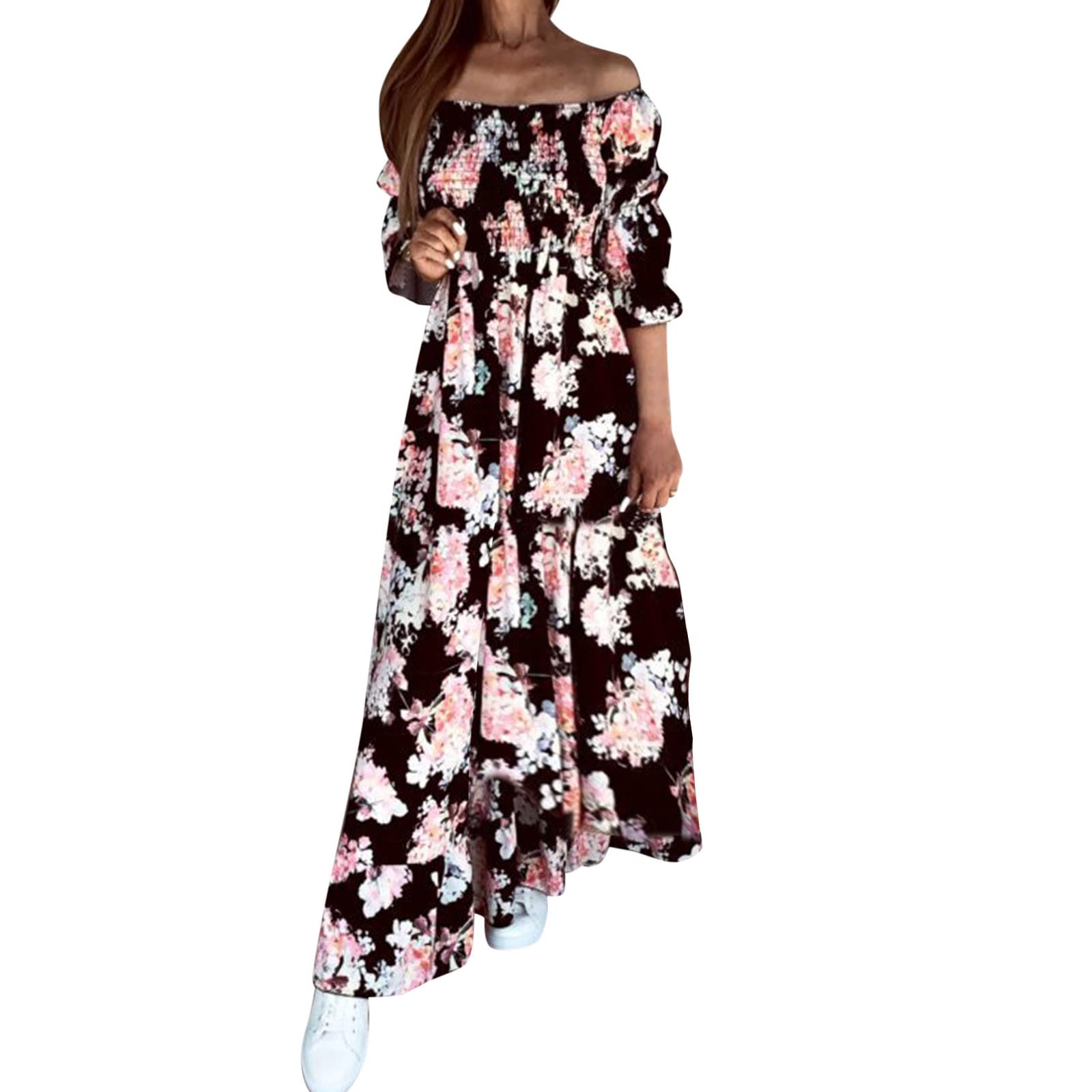 Elegant Long Praise Dance Dresses for Women - Floral Print 3/4 Sleeve Waist Accent Dress for Church Worship & Special Occasions
