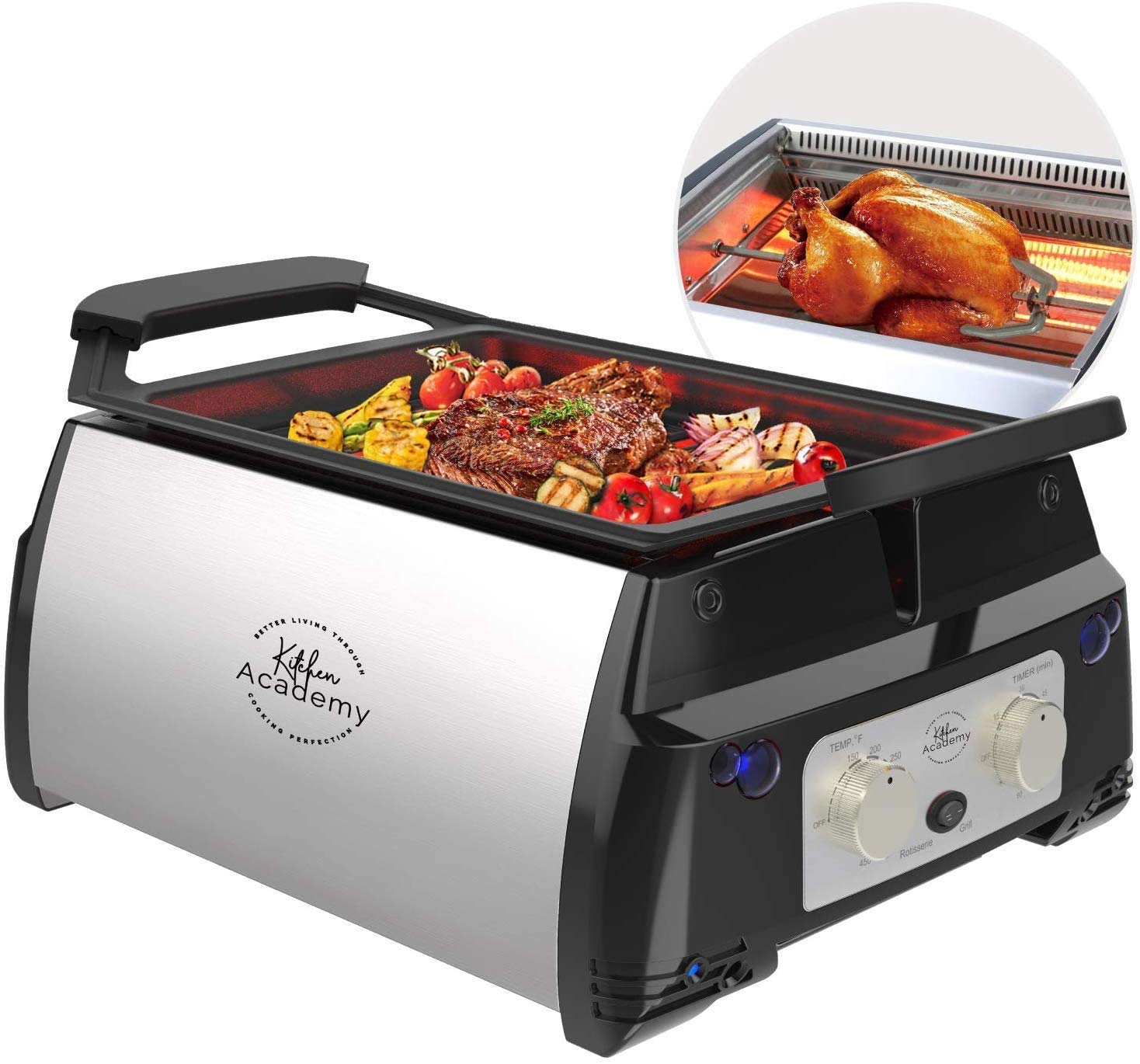 Smokeless Indoor Electric Grill - 5-in-1 Non-Stick Tabletop BBQ Grill with Infrared Technology | Includes Kebab Skewers, Fries Basket & Fish Cage | Portable Rotisserie for Home Kitchen, Camping & Outdoor Cooking