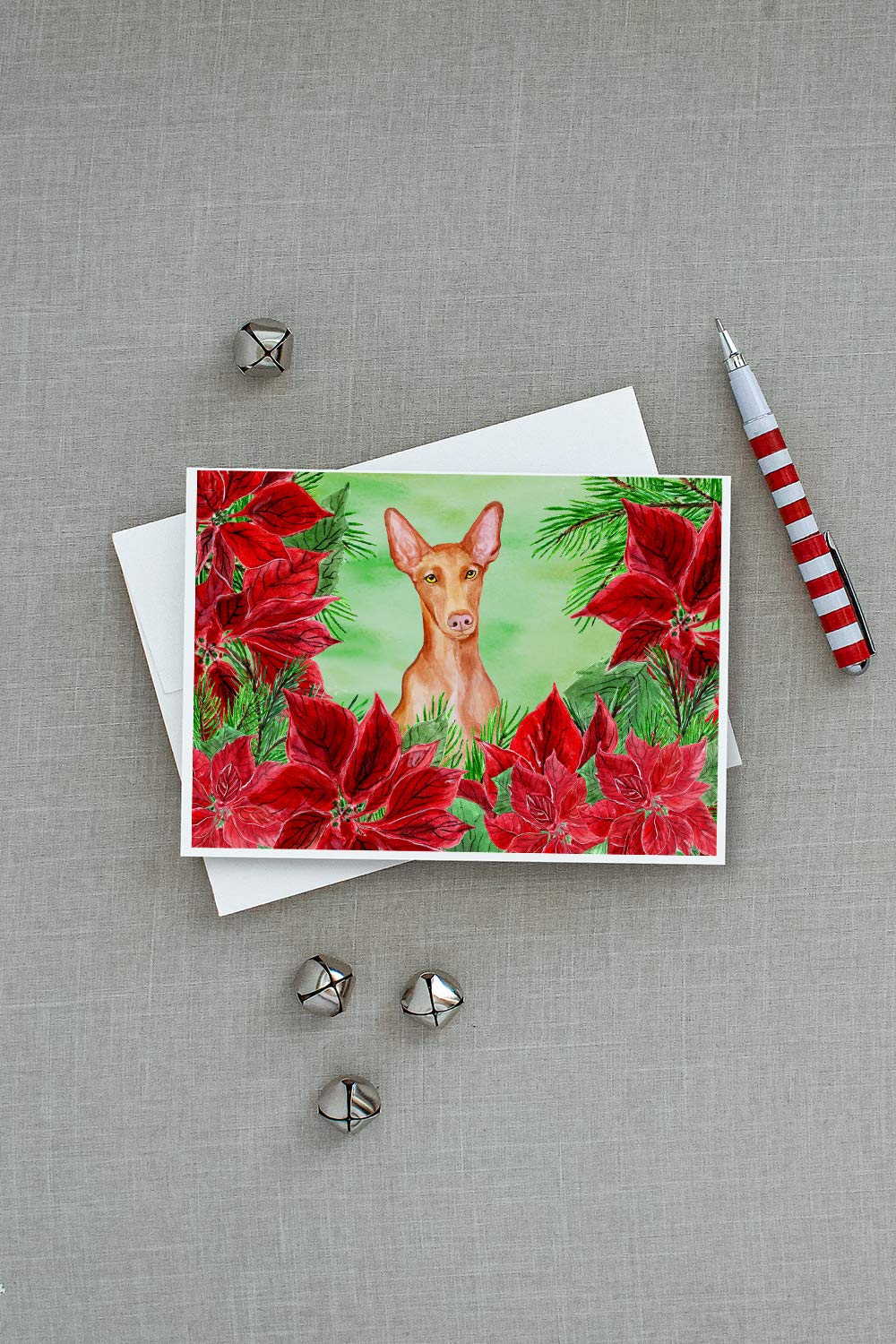 Pharaoh Hound Poinsettia Greeting Cards - Pack of 8 Blank A7 Note Cards (5x7 inches) with Envelopes | Whimsical Dog Christmas Holiday Cards for Gifts, Thank You Notes & Seasonal Greetings