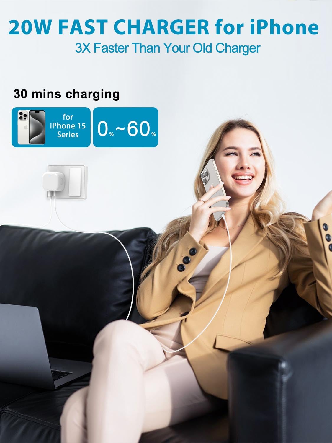 20W Fast Charger for iPhone 15 Pro Max/15/14/13/12 [MFi Certified] - USB C Wall Charger with 2M Nylon Braided Cable - Dual Port PD Power Adapter Compatible with Samsung Galaxy S24/S23/S22, Google Pixel, iPad - Perfect for Home, Office & Travel Charging