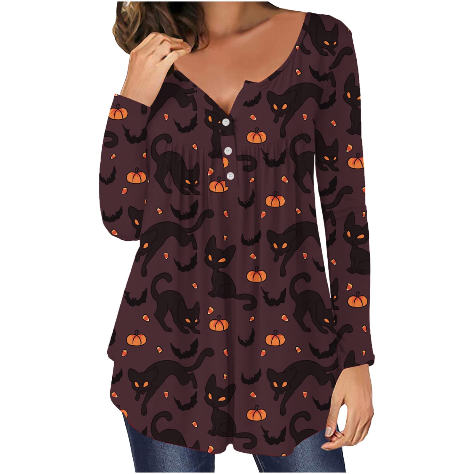 Funny Halloween Shirts for Women - Long Sleeve Crew Neck Pleated Blouse with Trendy Print | Perfect for Fall Parties, Costume Contests & Casual Wear