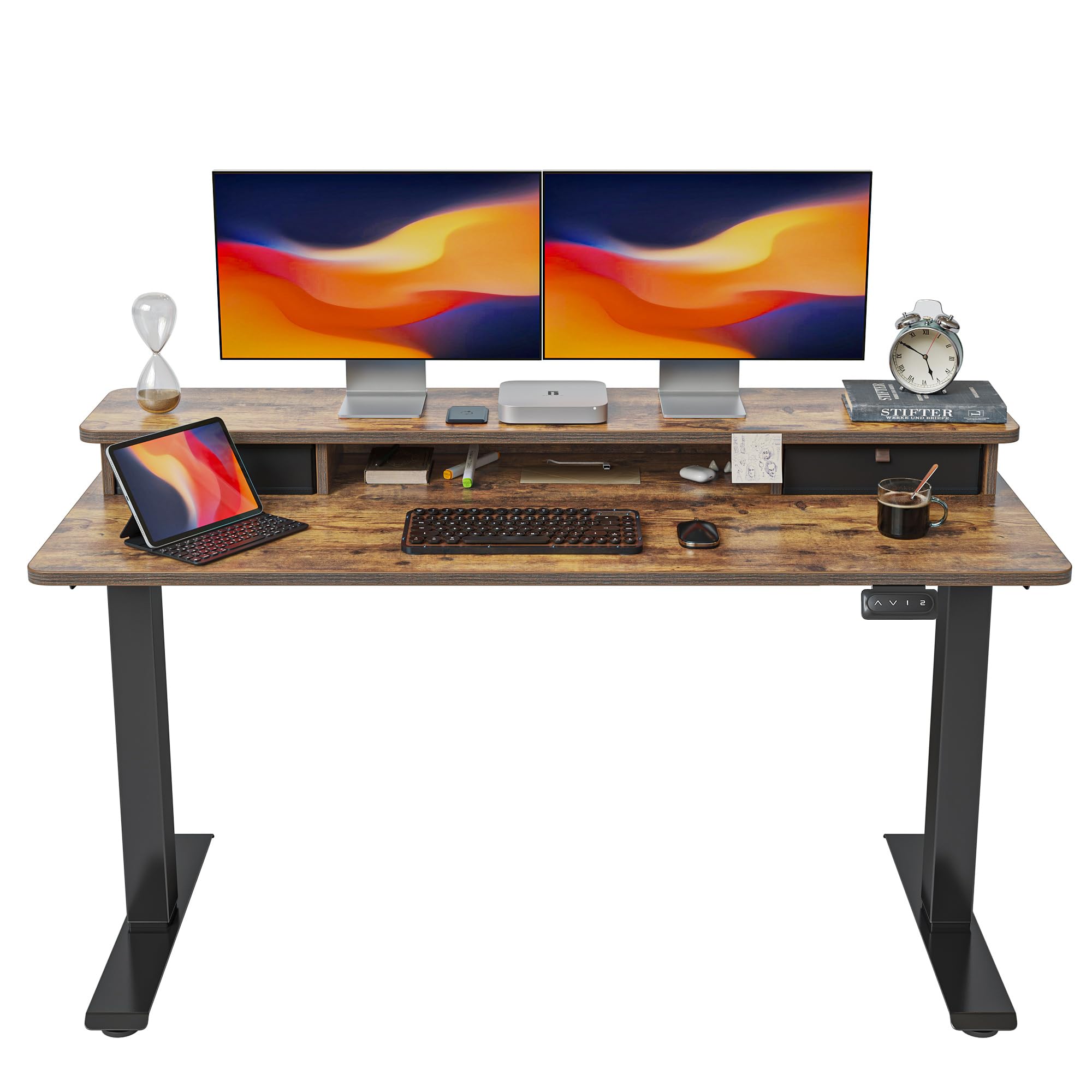FEZIBO 55 x 24 Inch Electric Standing Desk with Double Drawers & Storage Shelf - Height Adjustable Sit Stand Workstation, Black Frame & Rustic Brown Top for Home Office, Gaming & Study