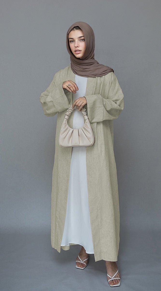 Beige Lounia Maxi Abaya with Detachable Belt - Lightweight Linen Fabric for Women - Perfect for Prayer, Modest Fashion & Casual Wear