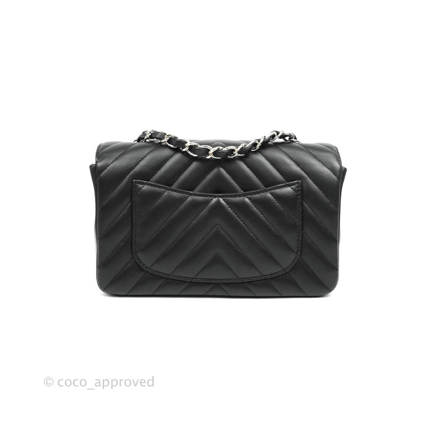Chanel Chevron Mini Rectangular Flap Bag in Black Lambskin Leather with Silver Hardware - Perfect for Evening Events & Luxury Fashion Accessories