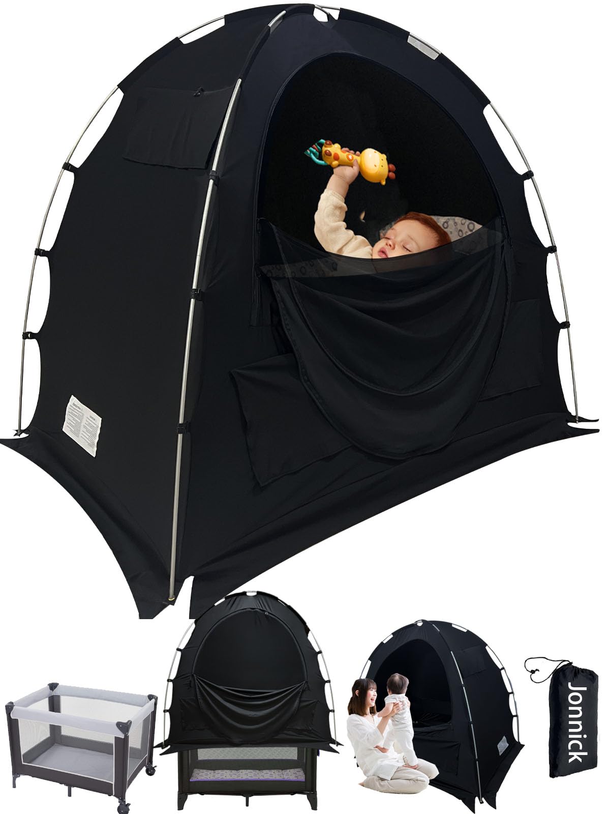 Jonnick Blackout Crib Cover for Pack N Play - Breathable Travel Crib Canopy with Stretchy Netting - Perfect for Baby Sleep Pod, Nursery Blackout Tent & Portable Infant Bed Cover (Ideal for Travel, Daytime Naps & Light Control)