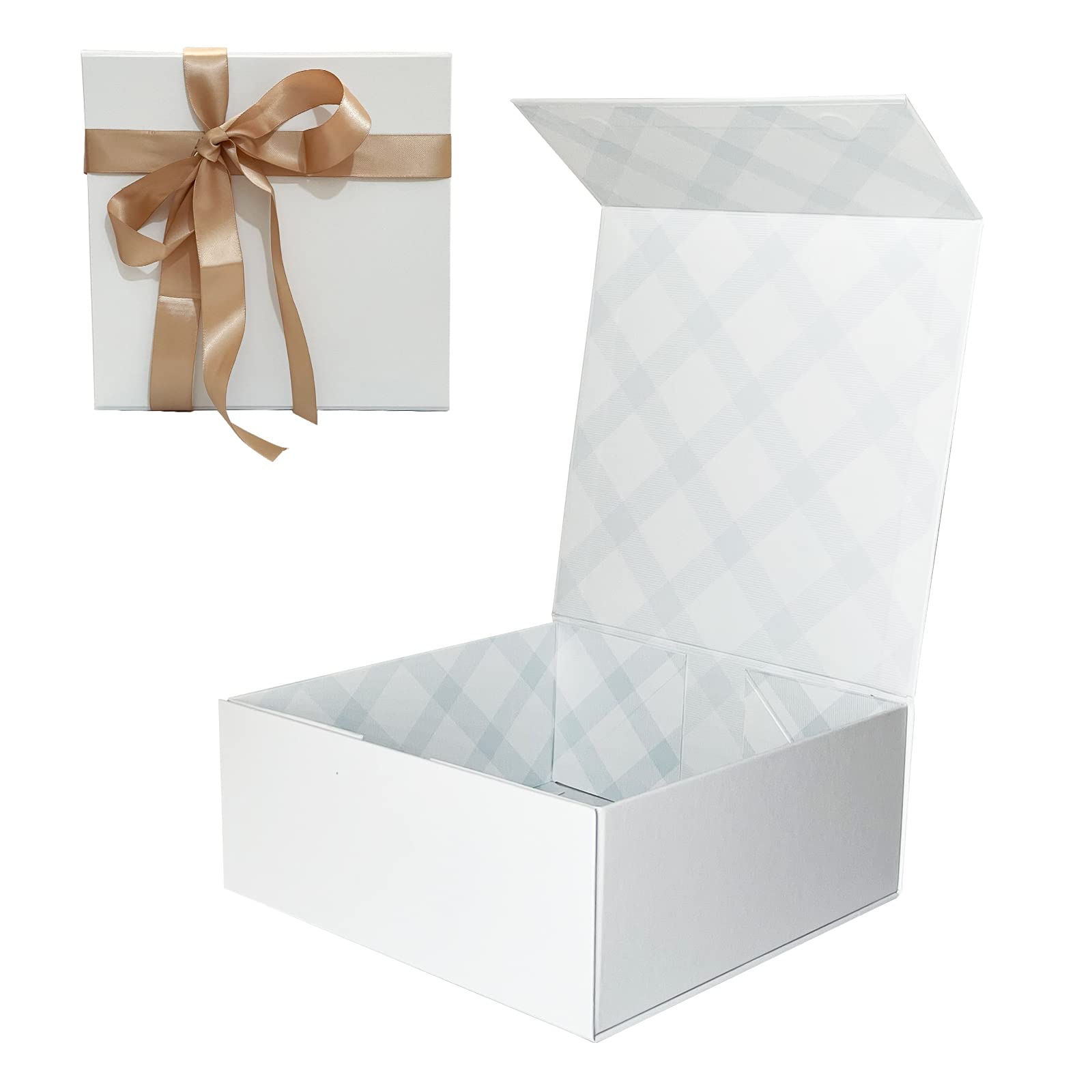 Premium White Magnetic Gift Box with Lid & Ribbon - Elegant Bridesmaid Proposal, Wedding, Birthday Present Packaging - Square Folding Empty Box with Plaid Lining - Perfect for Jewelry, Cosmetics & Luxury Gift Wrapping