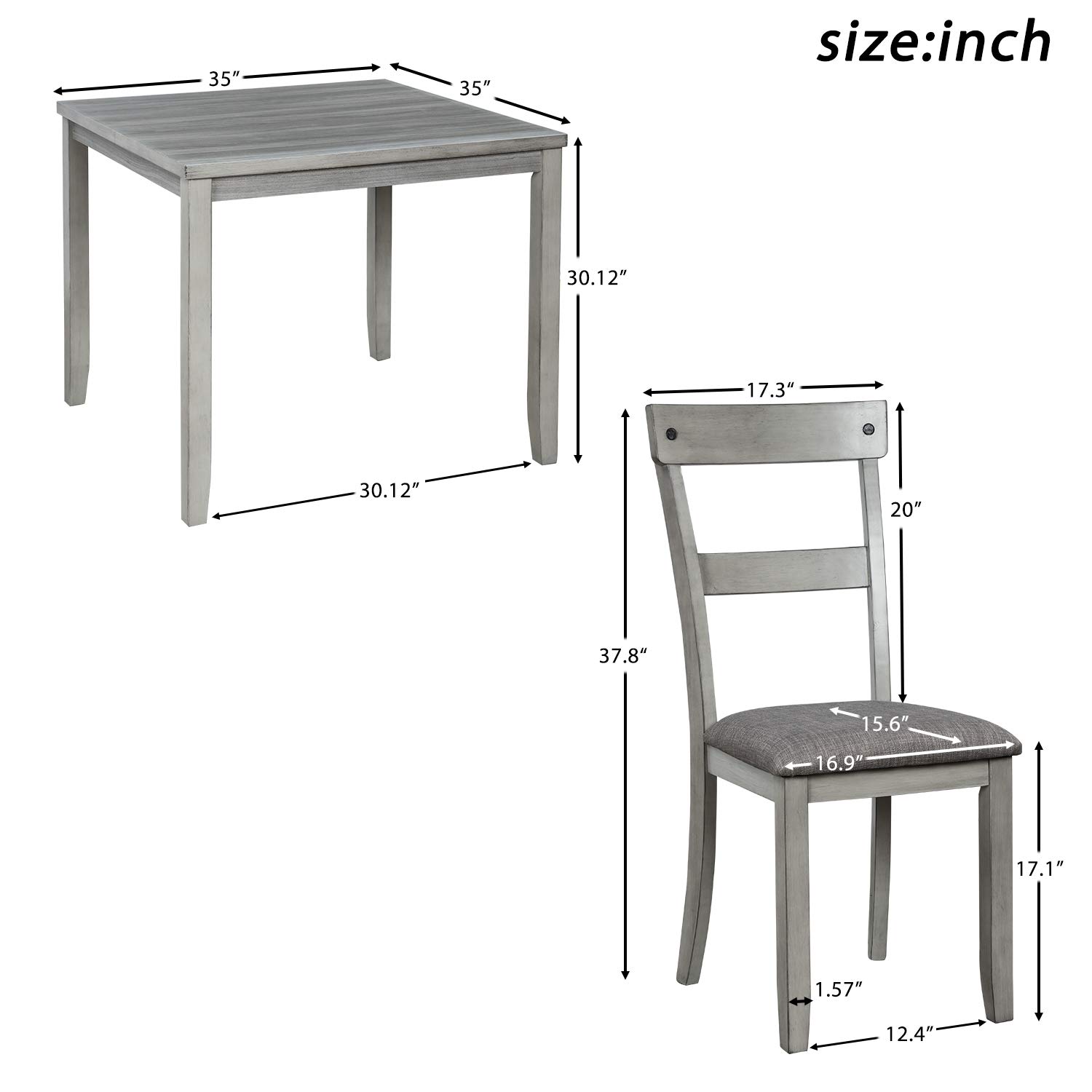 5-Piece Retro Industrial Wood Dining Table Set with 4 Upholstered Chairs - Light Grey Kitchen Table with Cushions for Small Space Dining Room, Breakfast Nook & Apartment Decor