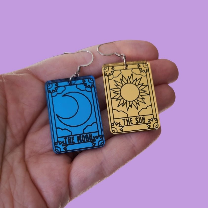 Sun and Moon Tarot Card Earrings - Mystical Zodiac Jewelry for Women, Unique Handmade Dangle Earrings - Perfect for Tarot Readings, Witchy Aesthetic, Boho Fashion & Spiritual Gifts