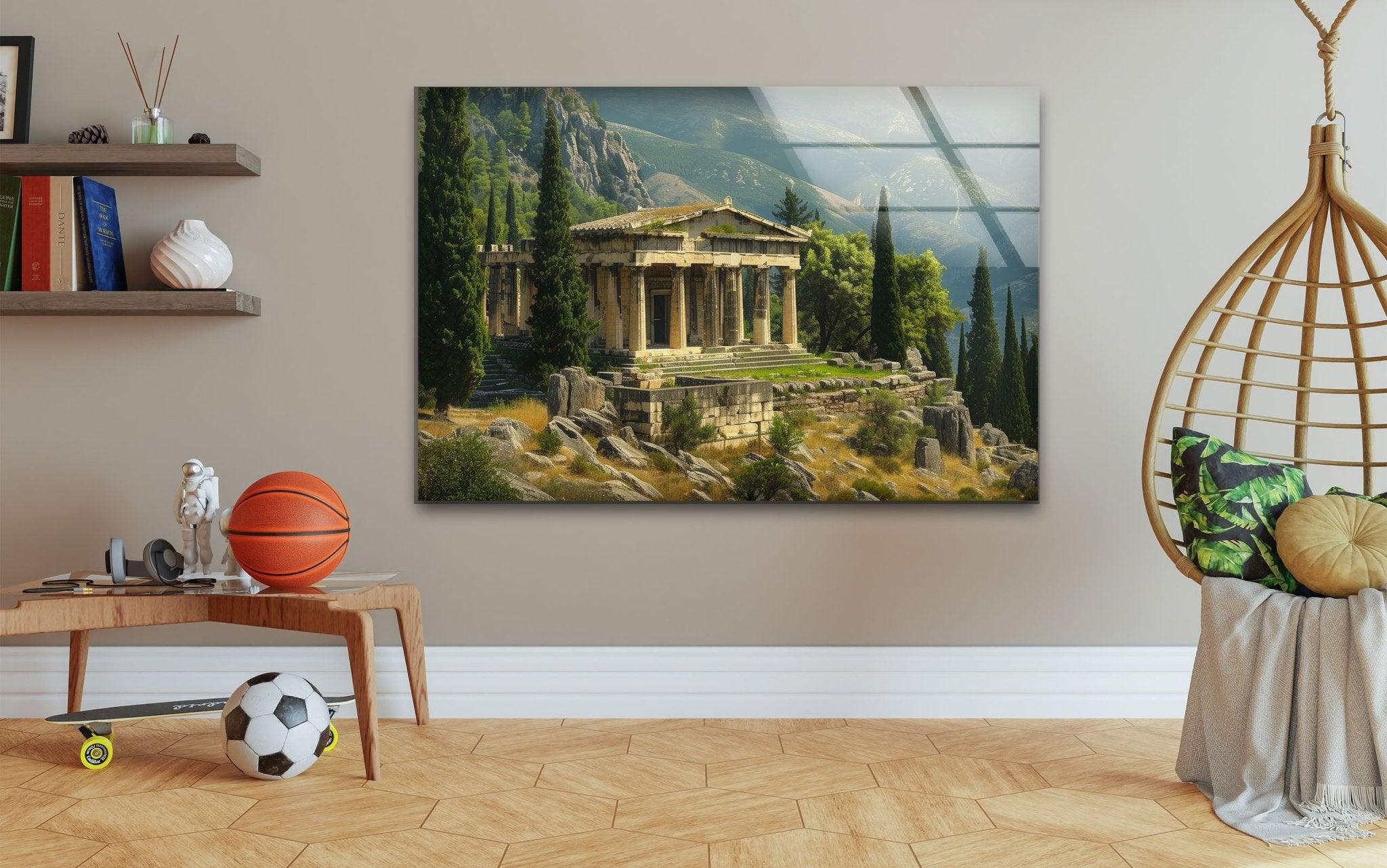 Ancient Greek Temple Stained Glass Wall Art - Handmade Window Panel for Home Decor, Church, and Office
