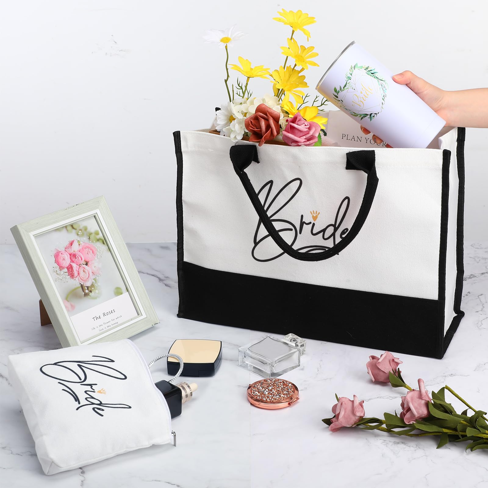 3-Piece Bride Gift Set - Canvas Tote Bag, Makeup Bag & Stainless Steel Tumbler | Wedding Shower, Bachelorette Party, Engagement & Honeymoon Gifts | Perfect for Travel, Spa Days & Bridal Events