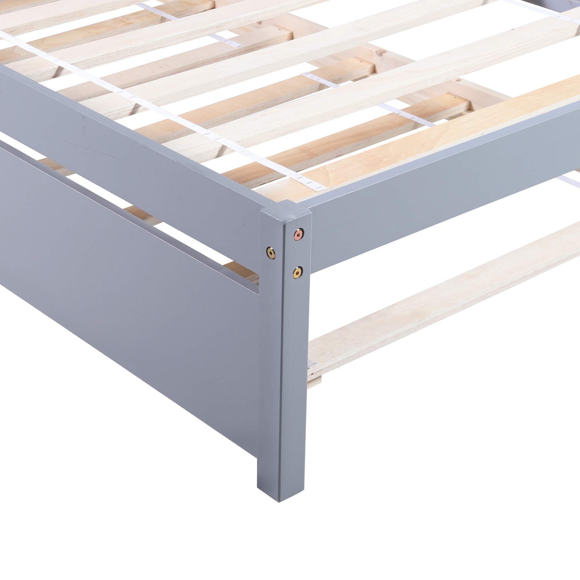 Twin Size Wooden Platform Bed Frame with Headboard & Trundle - No Box Spring Required, Easy Assembly (Grey) - Perfect for Kids' Rooms, Guest Bedrooms & Small Spaces