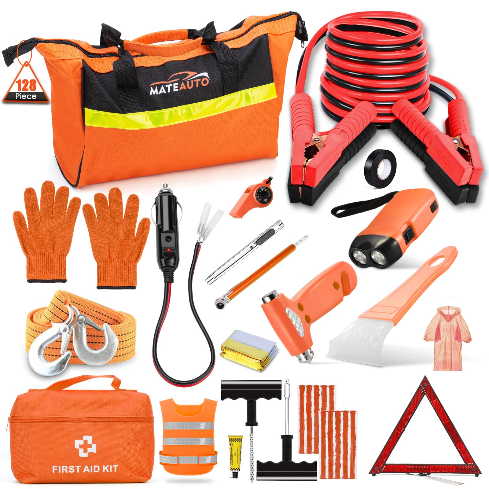 128-Piece Car Emergency Kit with Jumper Cables, Tow Strap & First Aid - Essential Roadside Assistance Vehicle Safety Kit for Women & Men - Perfect for Travel, Camping & Winter Driving
