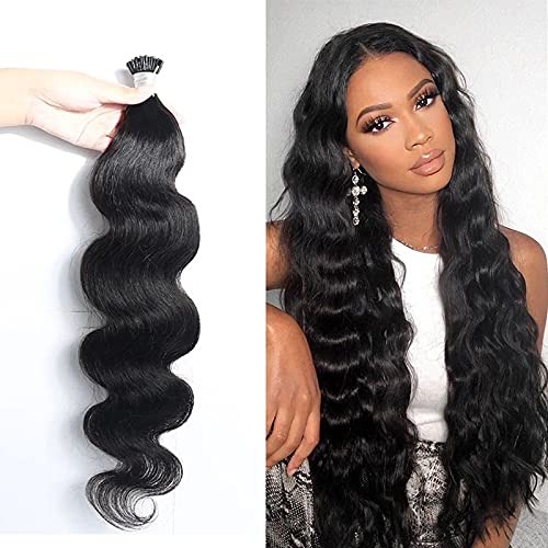 100% Human Hair Extensions - Body Wave I-Tip Microlinks 24 Inch Black (100Pcs/Set) | Virgin Indian Natural Wavy Bulk Hair for Women | Perfect for Salon Styling, Weddings & Everyday Volume Boost