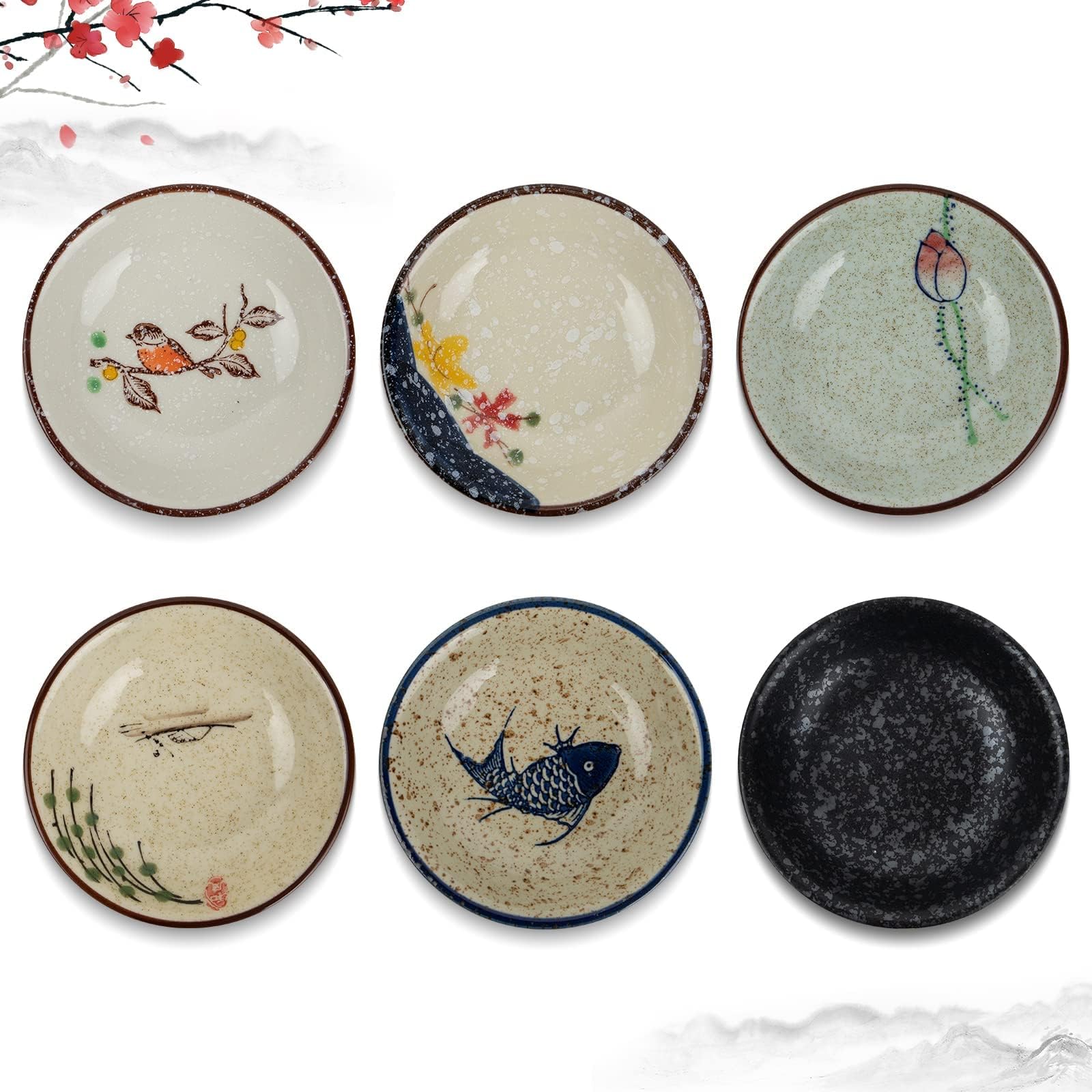 Clothmile 4 Inch 6-Piece Japanese Retro Ceramic Dipping Bowls - Authentic Asian Style Sauce Dishes for Sushi, Soy Sauce, Snacks & Kitchen Prep - Perfect for Ramen, Dumplings & Home Dining