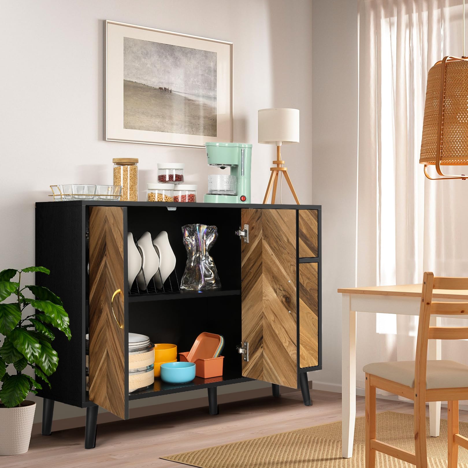 SIHANM 3-Door Sideboard Buffet Cabinet with Drawers & Shelves - Sturdy Free-Standing Storage Cabinet for Hallway, Living Room, Entryway & Kitchen | Perfect for Organizing Dishes, Linens & Home Decor