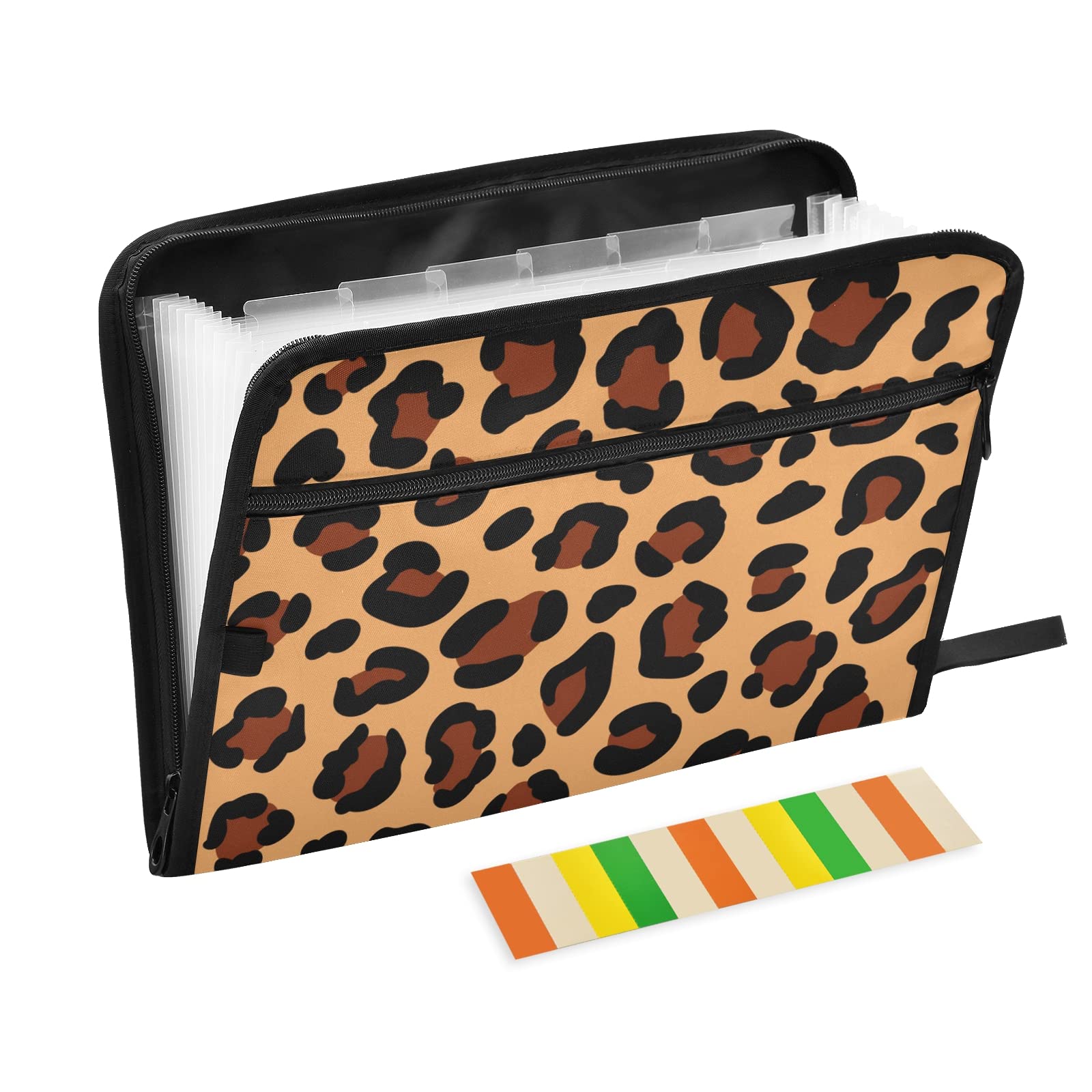 KFBE Leopard Print Expanding File Folder with Sticky Labels - 13 Pocket Accordion Organizer for Letter & A4 Paper - Zipper Closure Document Holder for Office, School & Home Organization (20800395)
