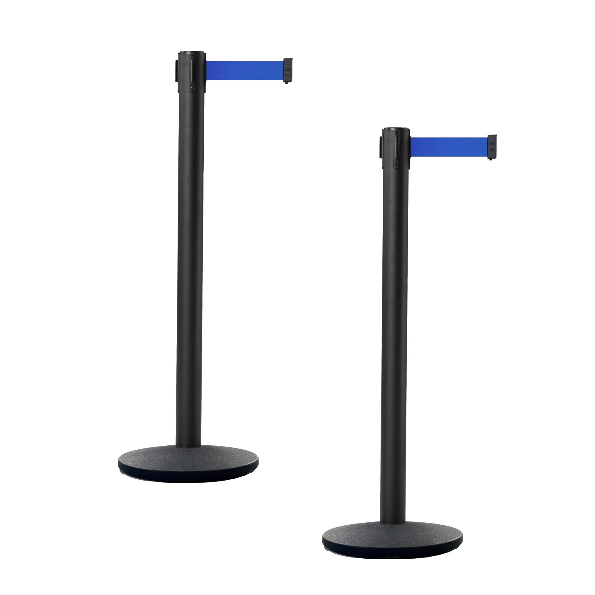 Retractable Belt Barrier Stanchion Set of 2 - 7.5ft Blue Belt with Cast Iron Base & Powder Coated Steel Post (IRBB-100) | Crowd Control for Events, Queues & Social Distancing