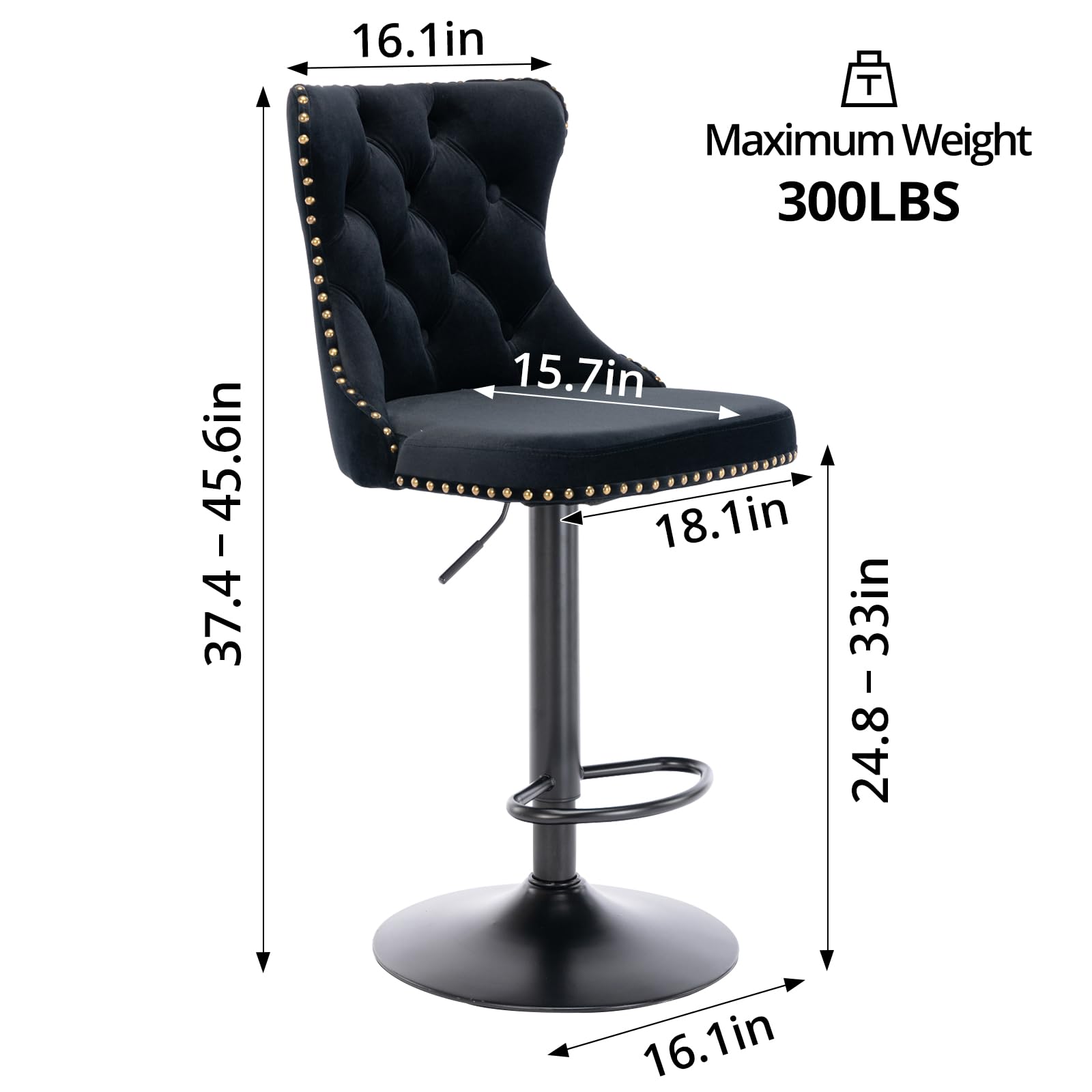 i-POOK Swivel Bar Stools Set of 2 - Adjustable Counter Height Barstools with Nailheads Trim, Button Tufted Back & Footrest - Velvet Dining Chairs for Kitchen Island, Home Bar, Restaurant & Cafe - Black Modern Bar Stools for Indoor & Outdoor Use