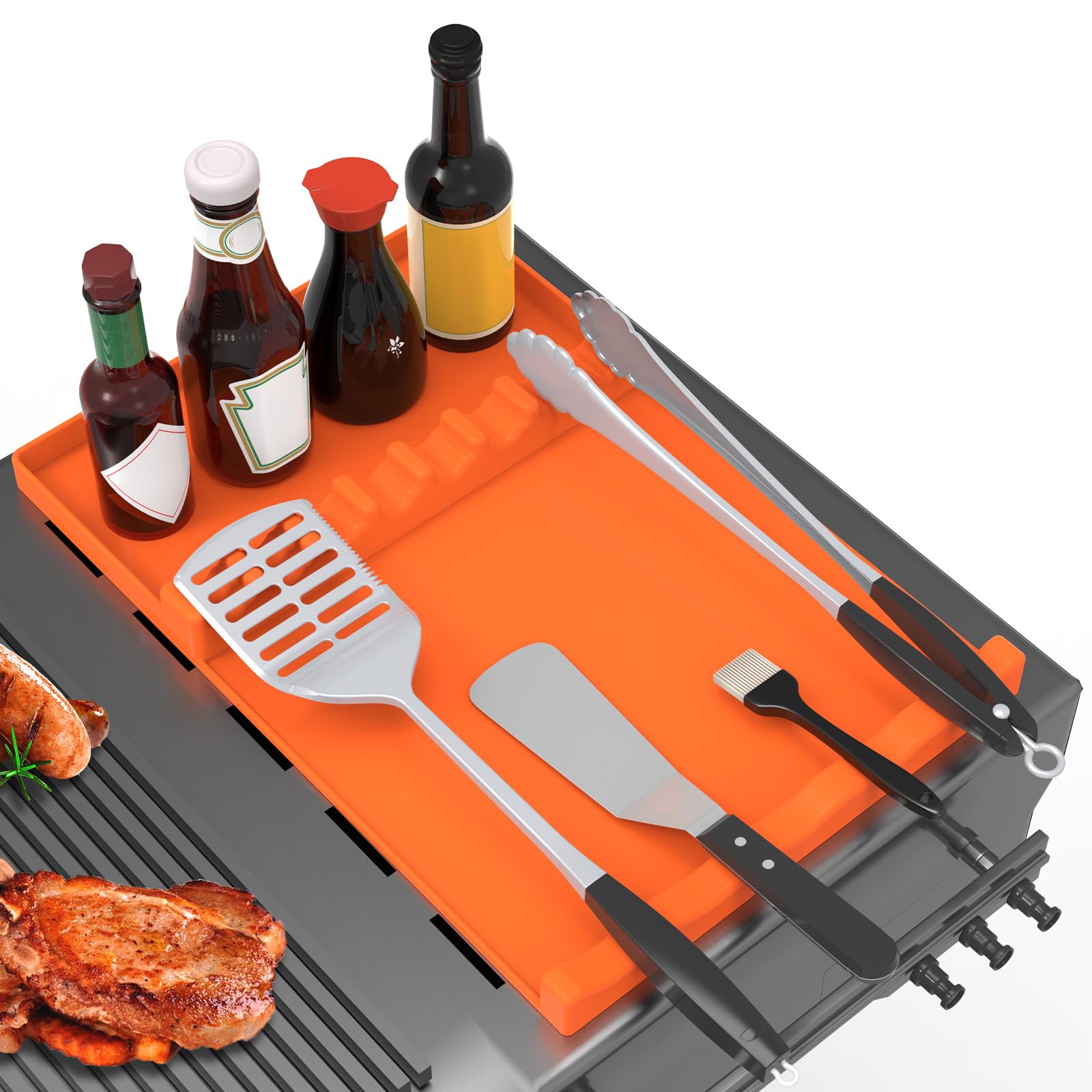 Non-Stick Silicone Grill Mat for Blackstone Griddle - 17x11.5 Large BBQ Cooking Mat with Drip Tray & Spatula - Heat Resistant Griddle Accessories for Outdoor Cooking, Kitchen Countertops (Orange) - Perfect for Backyard BBQs, Camping & Indoor Stovetop Use