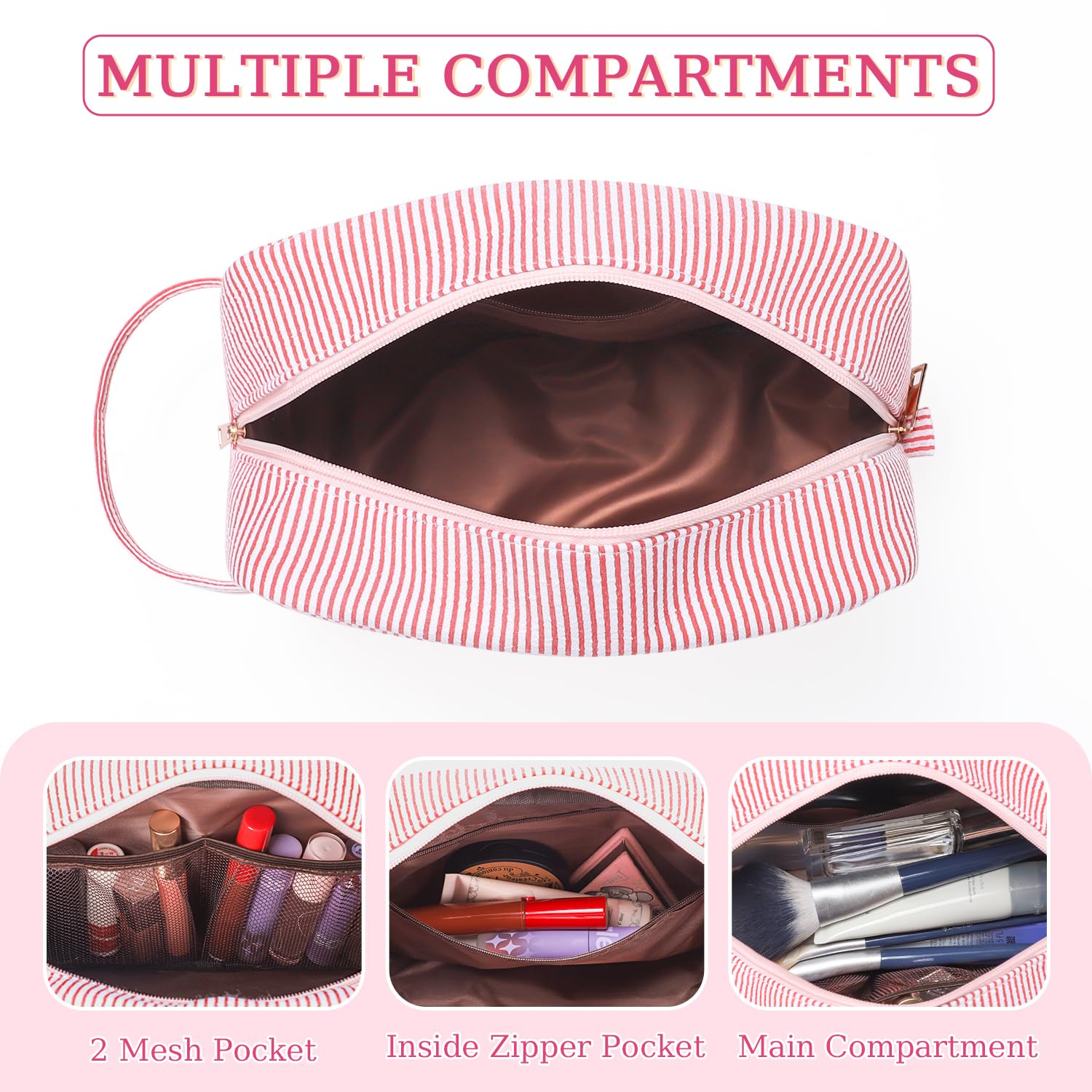 Personalized Initial Cute Pink Large Makeup Bag with Zippered Pocket - Waterproof Cosmetic & Toiletry Organizer for Travel, Gym, and Daily Use - Etercycle Makeup Case Bag