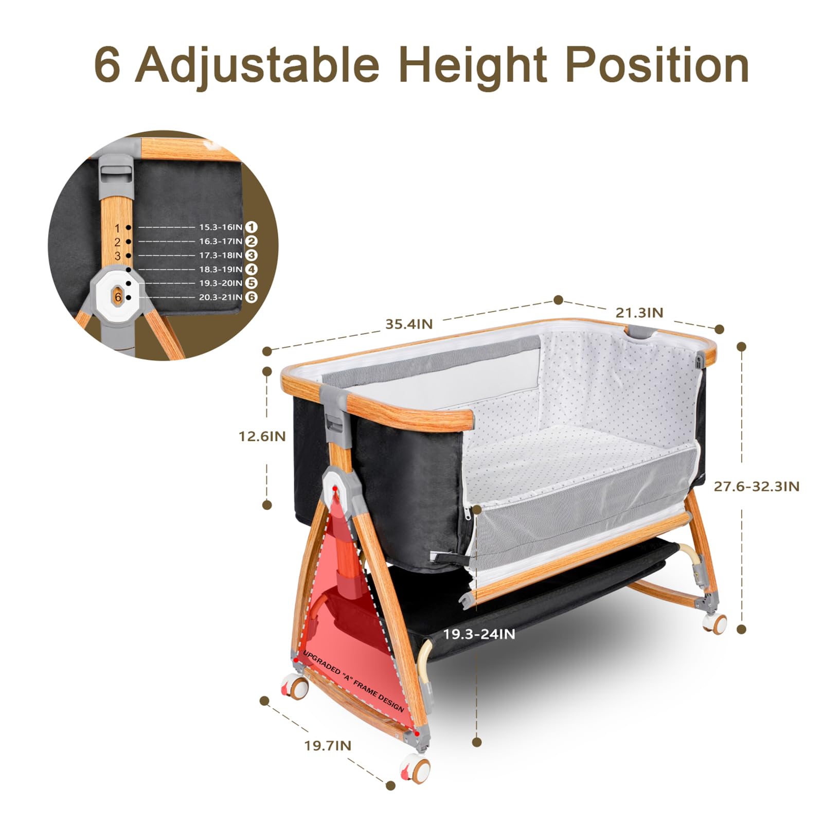 Komcot 6-Height Adjustable Baby Bassinet Bedside Sleeper with Wheels & Mosquito Net - Portable 3-in-1 Crib for Newborns, Infants & Toddlers (Dark Grey) - Perfect for Nursery, Bedroom & Travel Use