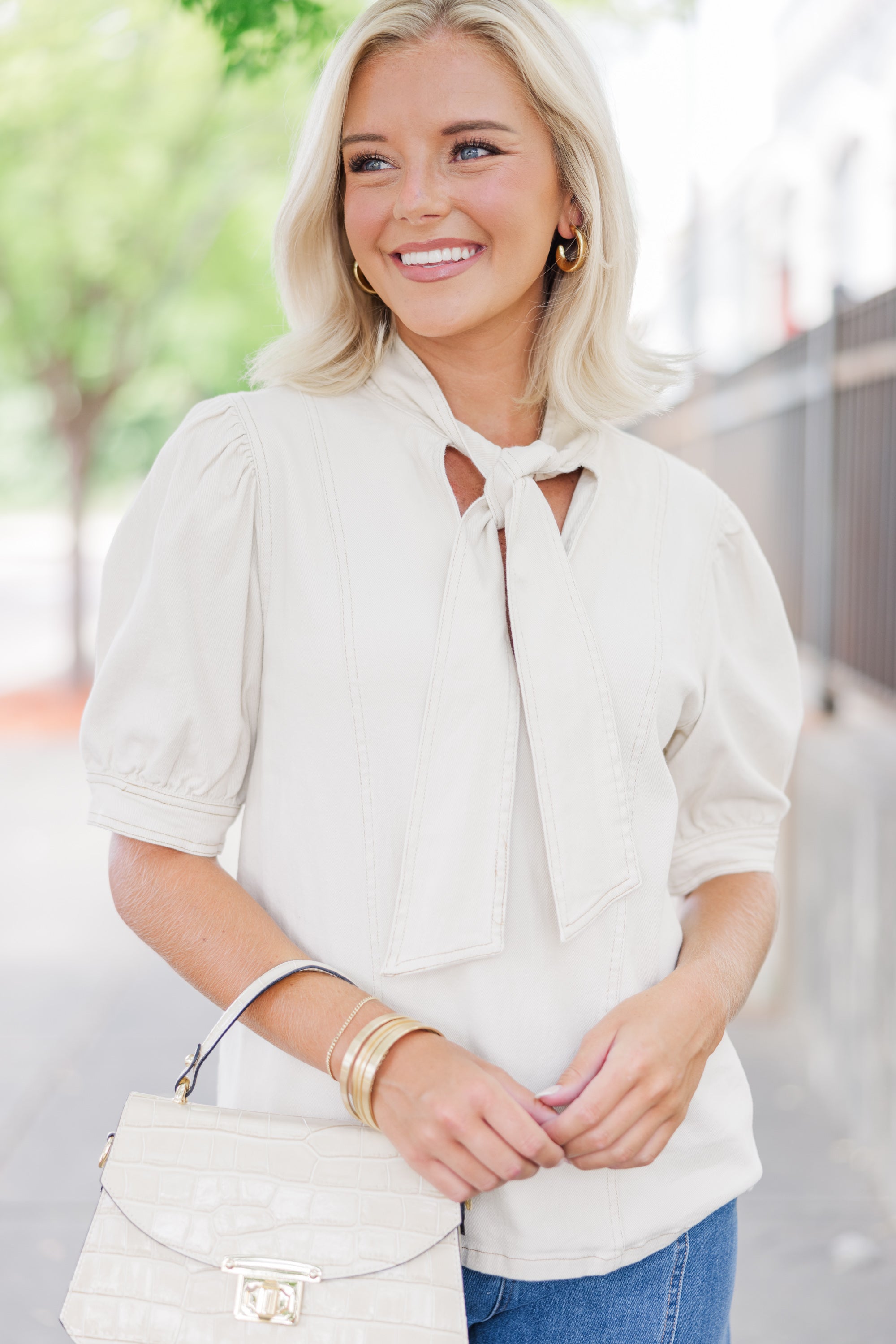 Be True Cream Denim Blouse for Women - Soft Vintage Style Button Up Shirt - Perfect for Casual Outings & Office Wear