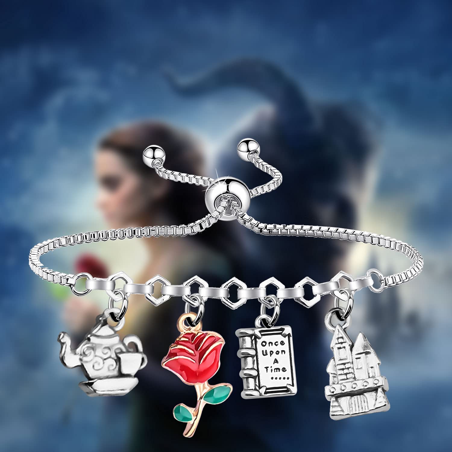 MYOSPARK Beauty and the Beast Inspired Belle Rose Flower Princess Bracelet - Disney Movie Jewelry Gift for Women, Girls, Fans - Perfect for Cosplay, Birthday, Anniversary, Valentine's Day Gifts