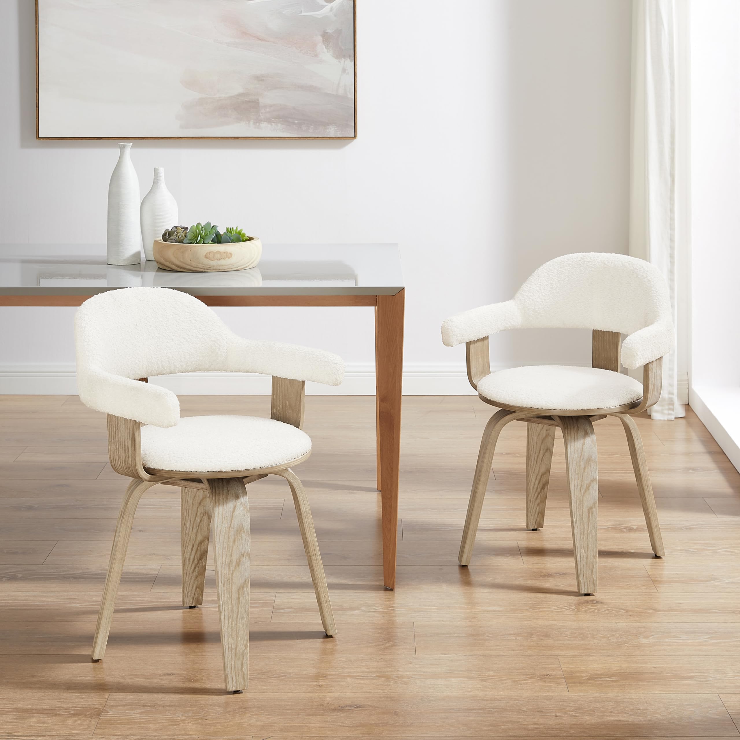 Art Leon Mid Century Modern Swivel Accent Chair - No Wheels Desk Chair with Boucle Fabric & Wood Legs for Home Office, Living Room or Bedroom - White | Perfect for Workspaces, Reading Nooks & Cozy Home Decor