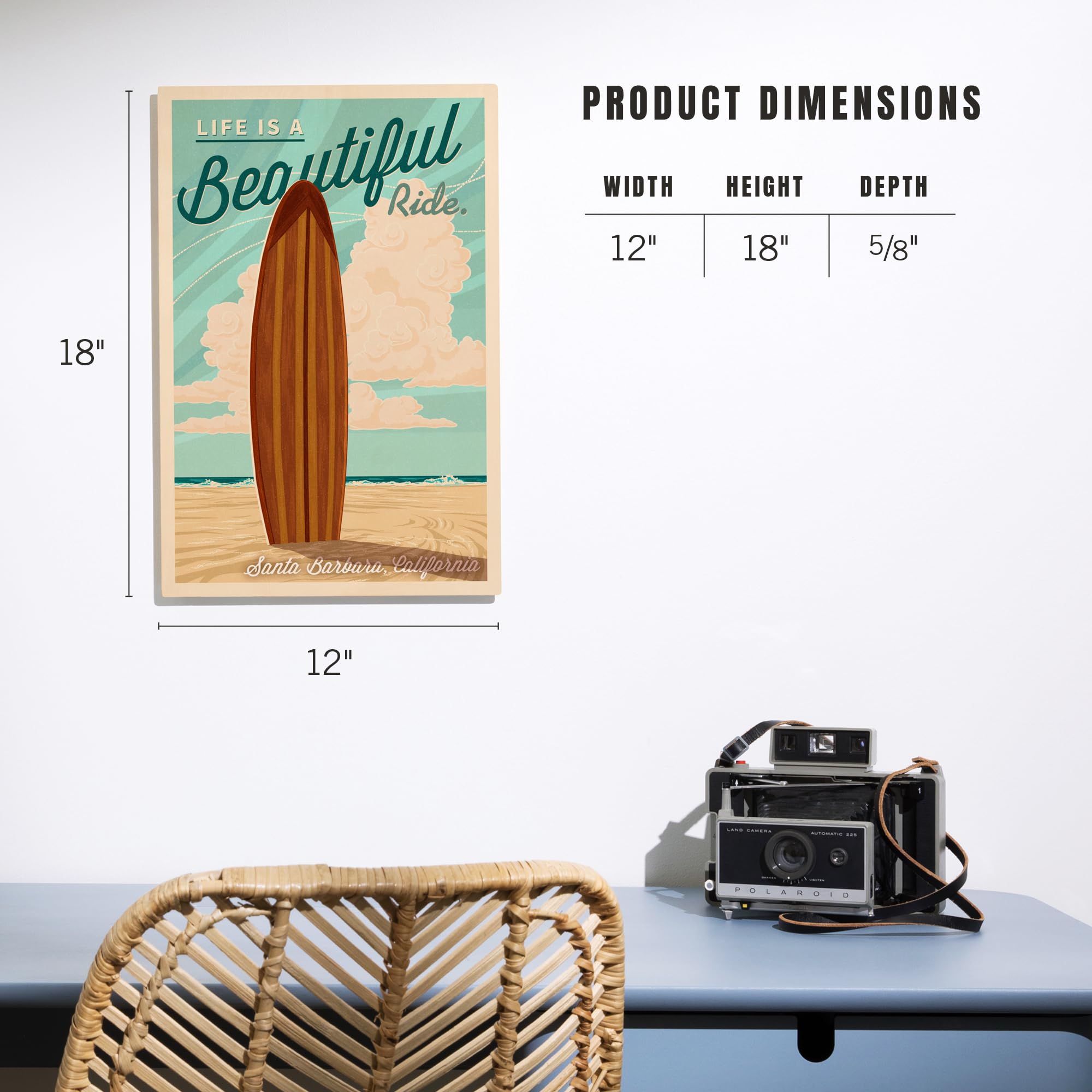 Lantern Press 12x18 Inch Premium Wood Wall Sign - Santa Barbara California Coastal Decor with 'Life is a Beautiful Ride' Surfboard Design - Ready to Hang Letterpress Art for Beach House, Living Room or Office Decor
