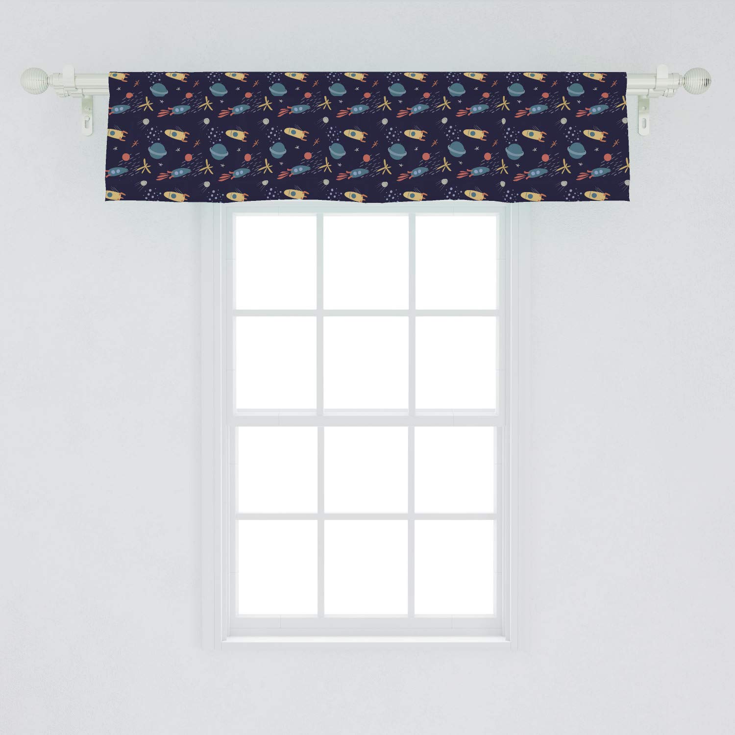 Ambesonne Alien Window Valance - Soft Tone Space Theme with Stars, Rockets & Planets - 54