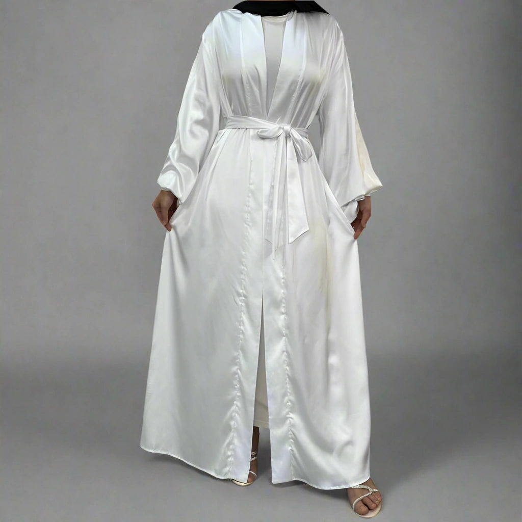 10 Color Options Puff Sleeve Satin Open Abaya Dress for Muslim Women - Elegant Modest Fashion for Prayer, Eid, Wedding & Special Occasions