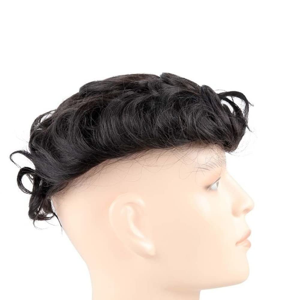 Premium Mono Silk Base NPU Around Remy Human Hair Wig for Men - Natural Black (1B#) Wavy Hair Toupee - 6
