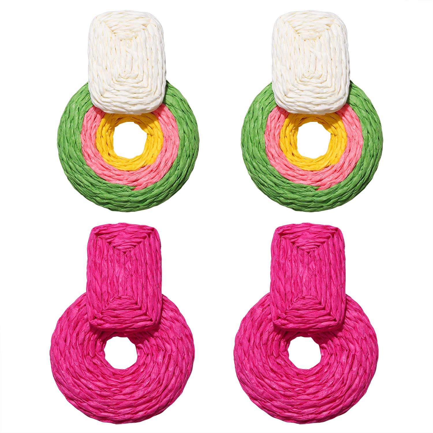 2 Pairs Boho Handmade Woven Rattan Drop Earrings - Lightweight Summer Beach Geometric Dangle Earrings for Women | Perfect for Vacation, Festival, and Boho Chic Outfits