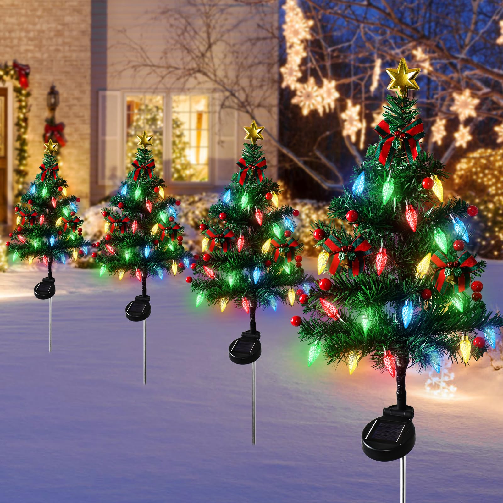 TOCHGREEN 4 Pack 32-Inch Solar Christmas Tree Lights with 80 LED C6 Bulbs - 8 Lighting Modes, Waterproof Outdoor Stake Lights with Red Ball Ornaments for Garden, Patio, Yard - Perfect for Holiday Pathway Decorations & Festive Outdoor Lighting