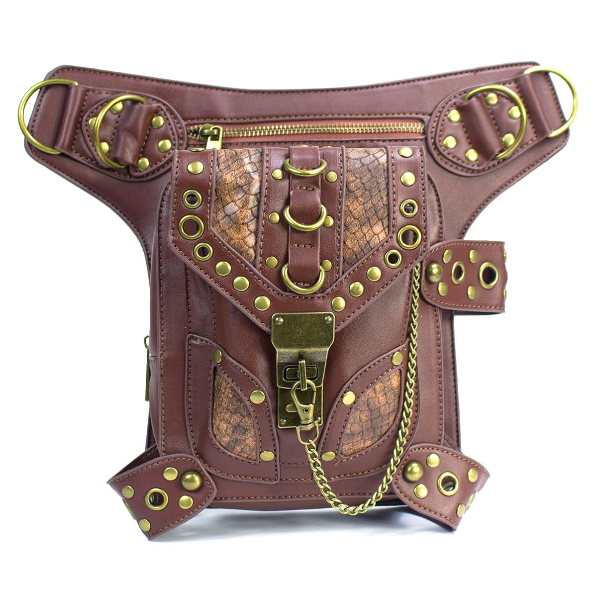 Steampunk Gothic Crossbody Shoulder Bag - Vintage Messenger Waist Fanny Pack with Chain Drop Leg Hip Holster Belt Purse for Cosplay, LARP & Festival Outfits