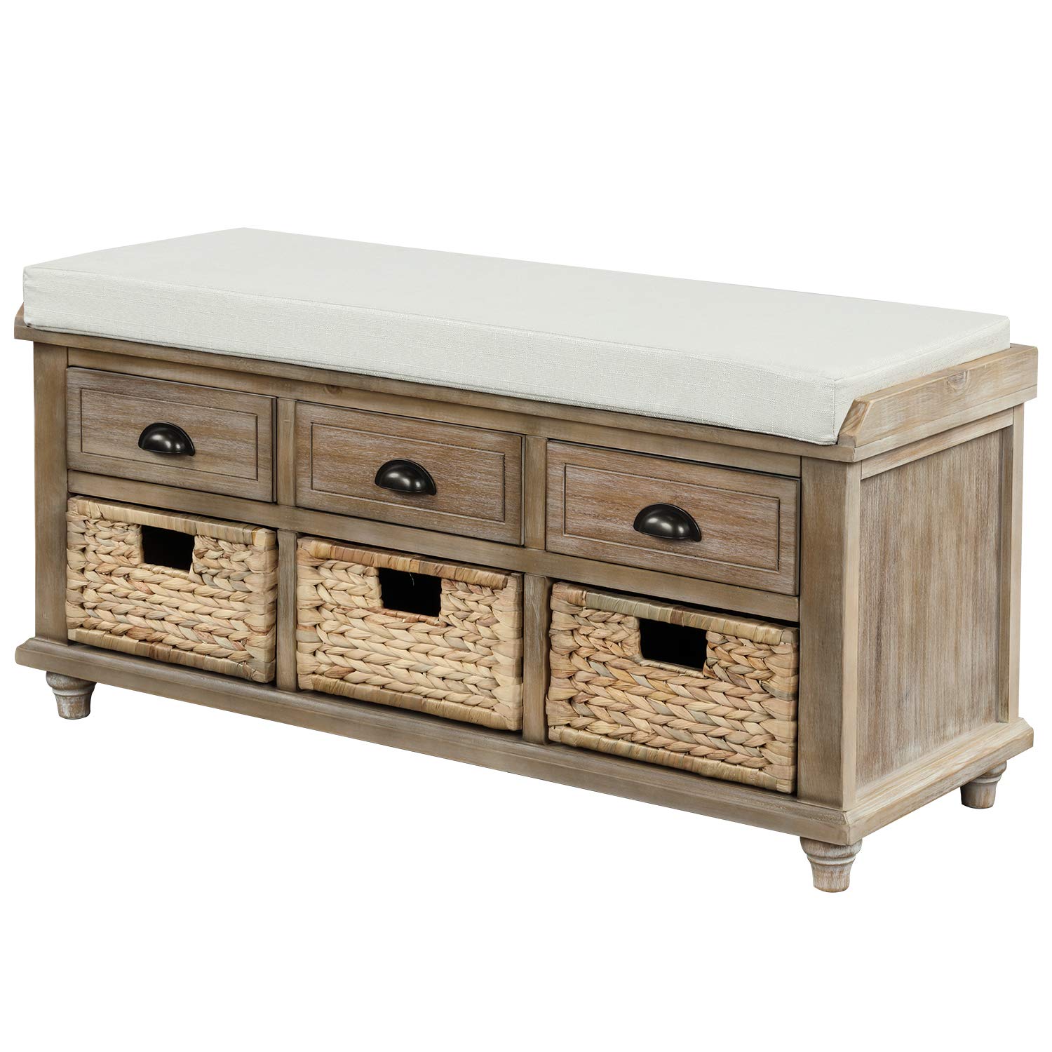 Rustic Wooden Storage Bench with 3 Drawers & Rattan Baskets - Entryway Shoe Bench with Removable Cushion - Multi-Functional Ottoman for Living Room, Bedroom & Hallway - White Washed Finish (Perfect for Entryway Organization & Extra Seating)