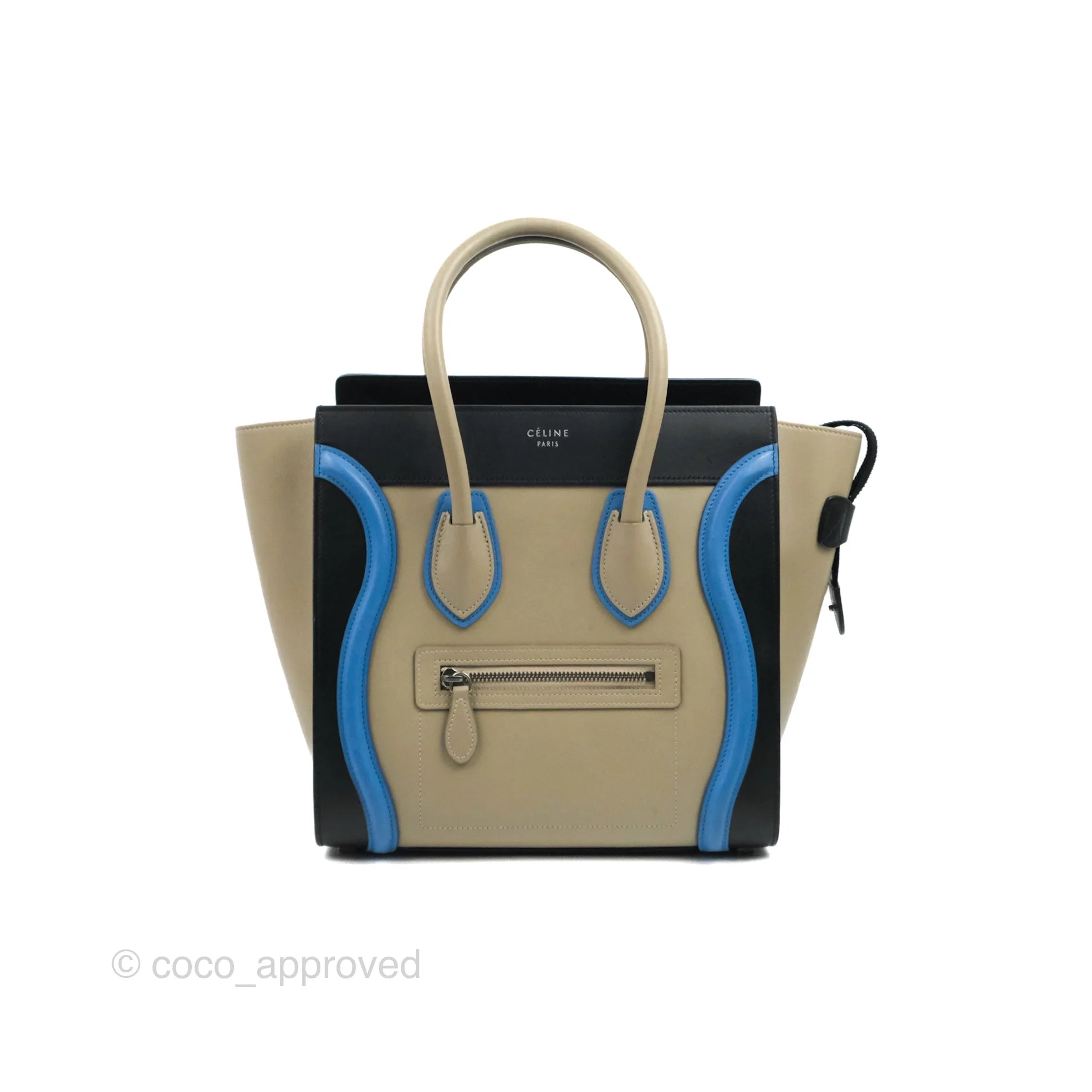 Celine Micro Luggage Bag in Taupe, Blue & Black Calfskin Leather - Perfect for Work, Travel & Everyday Luxury Handbag