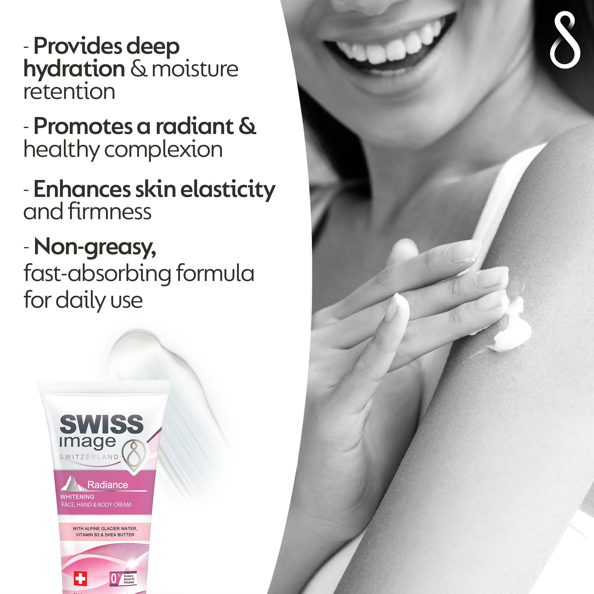 SWISSIMAGE Radiance Whitening Face, Hand & Body Cream - Natural & Effective Skin Brightening Moisturizer - Paraben-Free, No Mineral Oil or Phthalates - 75ml - Perfect for Daily Hydration & Glowing Skin Care Routine