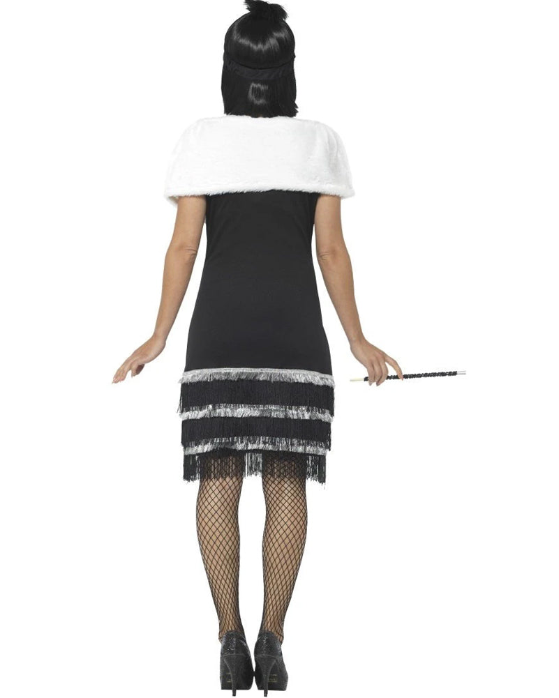 1920s Black Flapper Dress with Fur Stole - Vintage Women's Costume for Halloween, Gatsby Party & Roaring 20s Theme Events