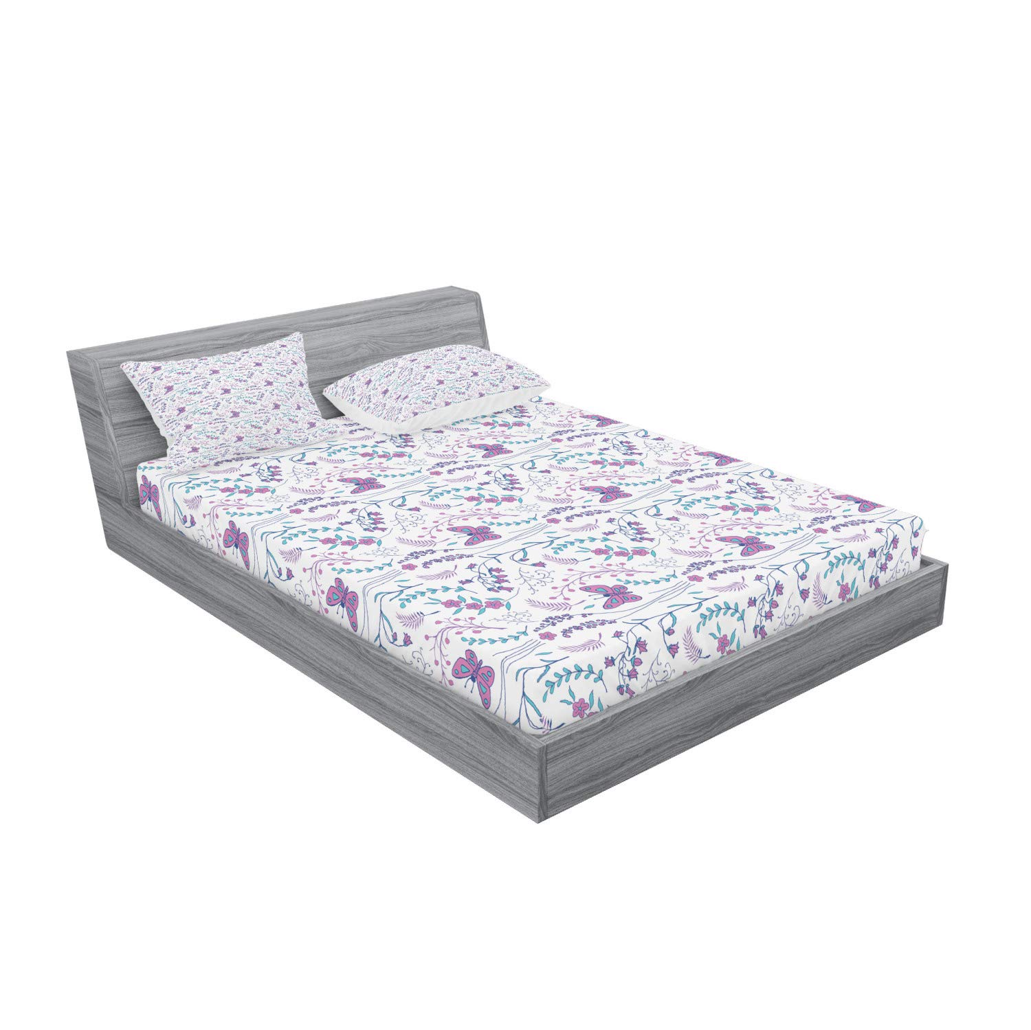 Ambesonne 3-Piece Spring Floral Bedding Set - Queen Size Fitted Sheet & Pillow Shams, Romantic Curly Leaves & Butterflies Print, Dark Turquoise Blue - Perfect for Spring Bedroom Decor & Guest Room Makeover