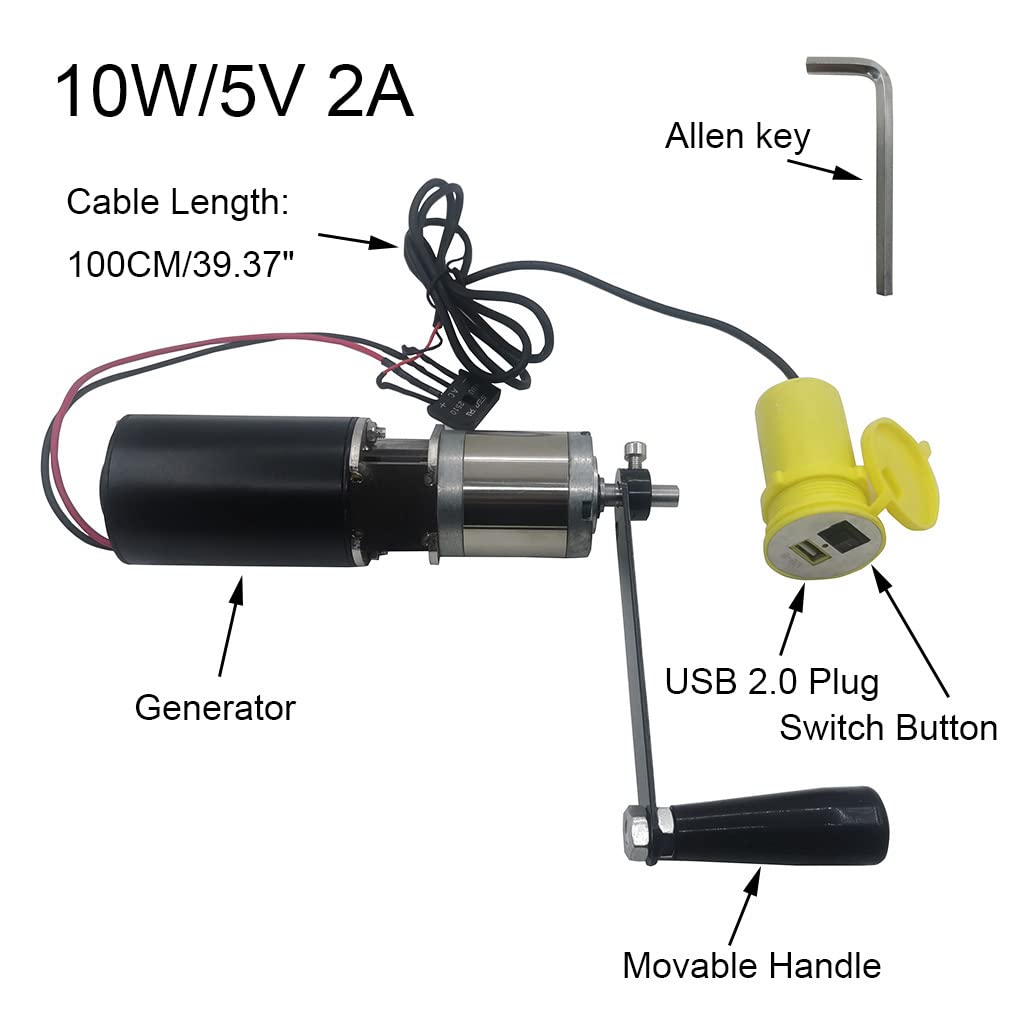 10W DC Small Hand Crank Generator - 5V 2A USB Charger with Permanent Magnet Motor | DIY Power Bank for Outdoor, Emergency Phone Charging, Camping & Survival Gear (Includes USB Plug)