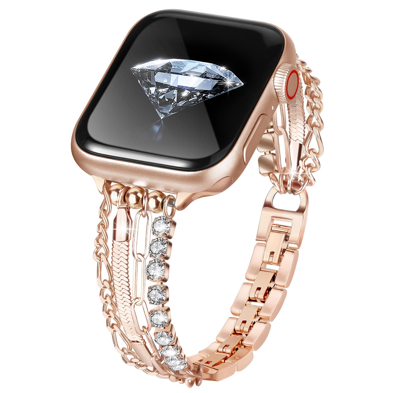 V-MORO Apple Watch Band 38mm 40mm 41mm 42mm 44mm 45mm - Women's Slim Metal Chain Bracelet Compatible with iWatch Series 9/8/7/SE/6/5/4/3/2/1 - Elegant Bling Jewelry Replacement Strap for Work, Party & Daily Wear