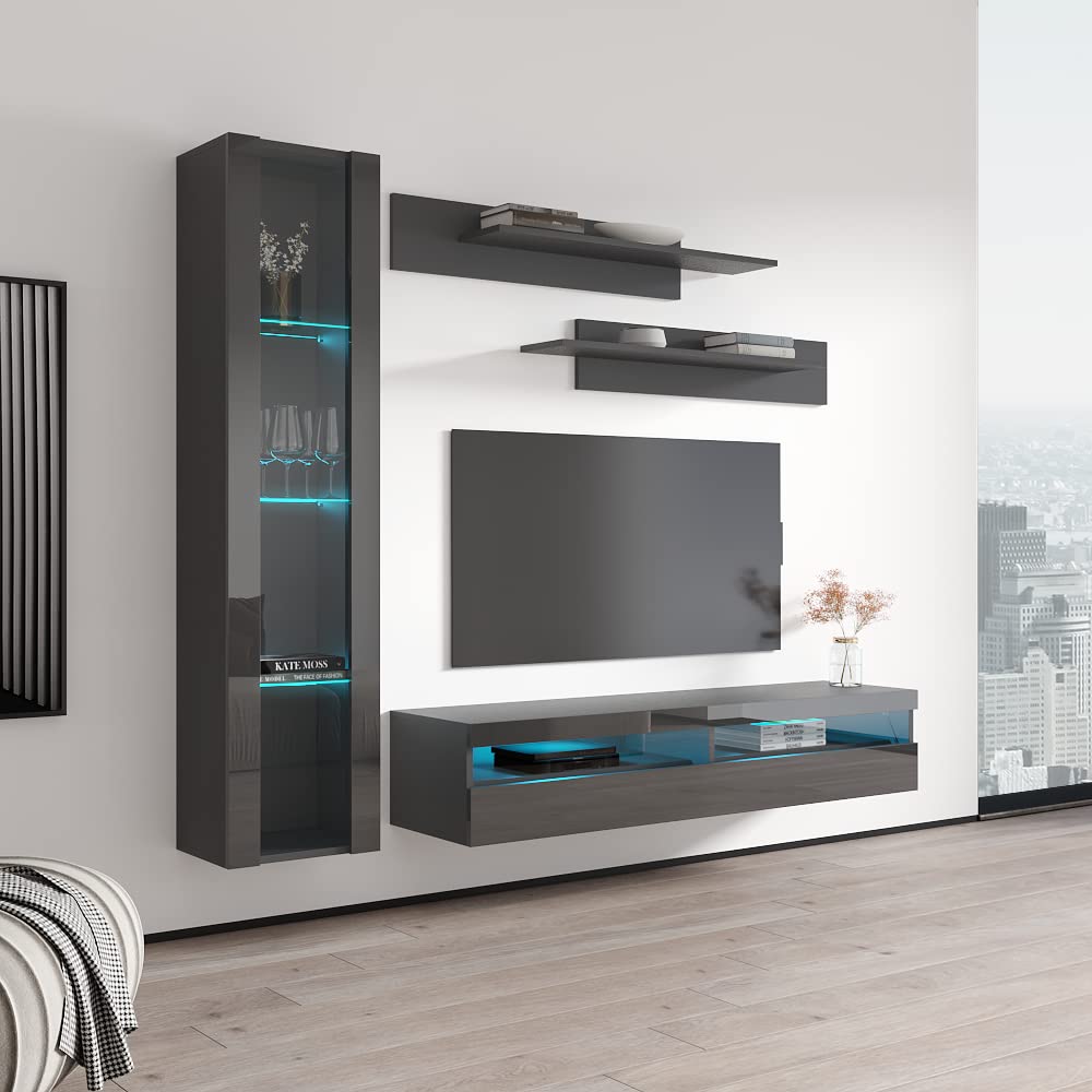 Modern Floating TV Stand with Storage & LED Lights - Wall-Mounted Entertainment Center Console for Bedroom & Living Room - G2 35TV Stand with Shelves - Black - Perfect for Small Spaces & Home Theater Setup
