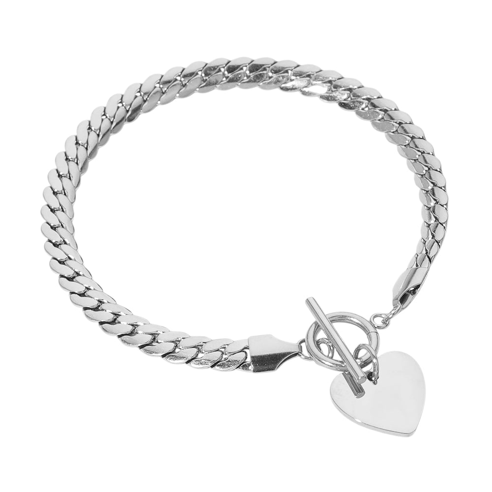 Stainless Steel Heart Charm Herringbone Toggle Bracelet for Women - Elegant Adjustable Jewelry Gift for Valentine's Day, Anniversary & Everyday Wear