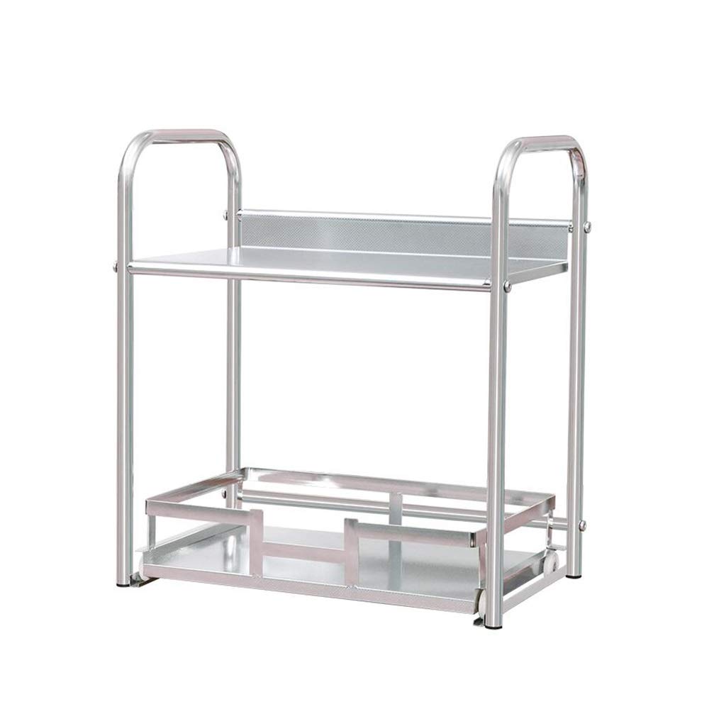 2-Tier 304 Stainless Steel Spice Rack with Hooks - 15.7x9.6x17.5 Inch Kitchen Storage Organizer for Drawer & Cabinet - Perfect for Pantry, Spice Jars & Cooking Utensils Organization (Silver)