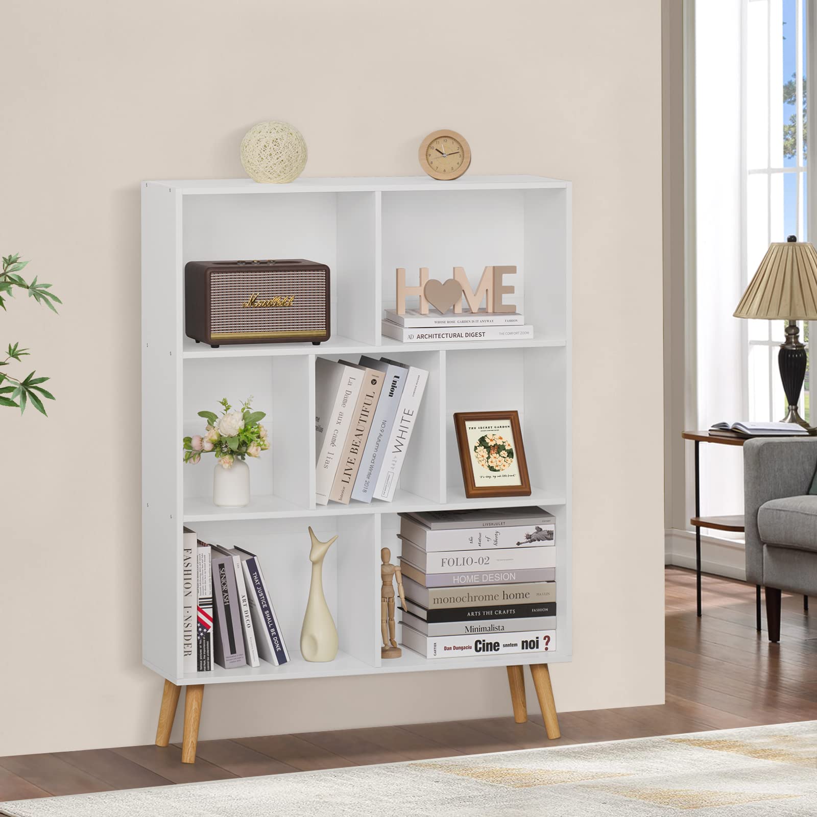 YAHARBO White 3-Tier Bookshelf with Legs, 7-Cube Minimalist Bookcase - Storage Organizer Shelf for Bedroom, Living Room, Office | Perfect for Displaying Books, Decor & Home Organization