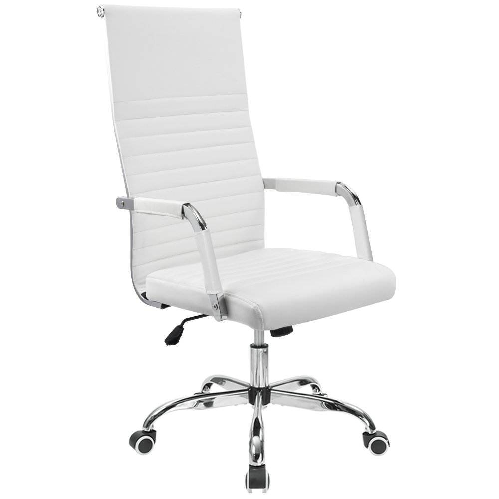 Furmax High Back PU Leather Office Chair - Adjustable Swivel Executive Conference Chair with Arms, Ergonomic Ribbed Design (White) - Perfect for Home Office, Conference Rooms & Workspaces