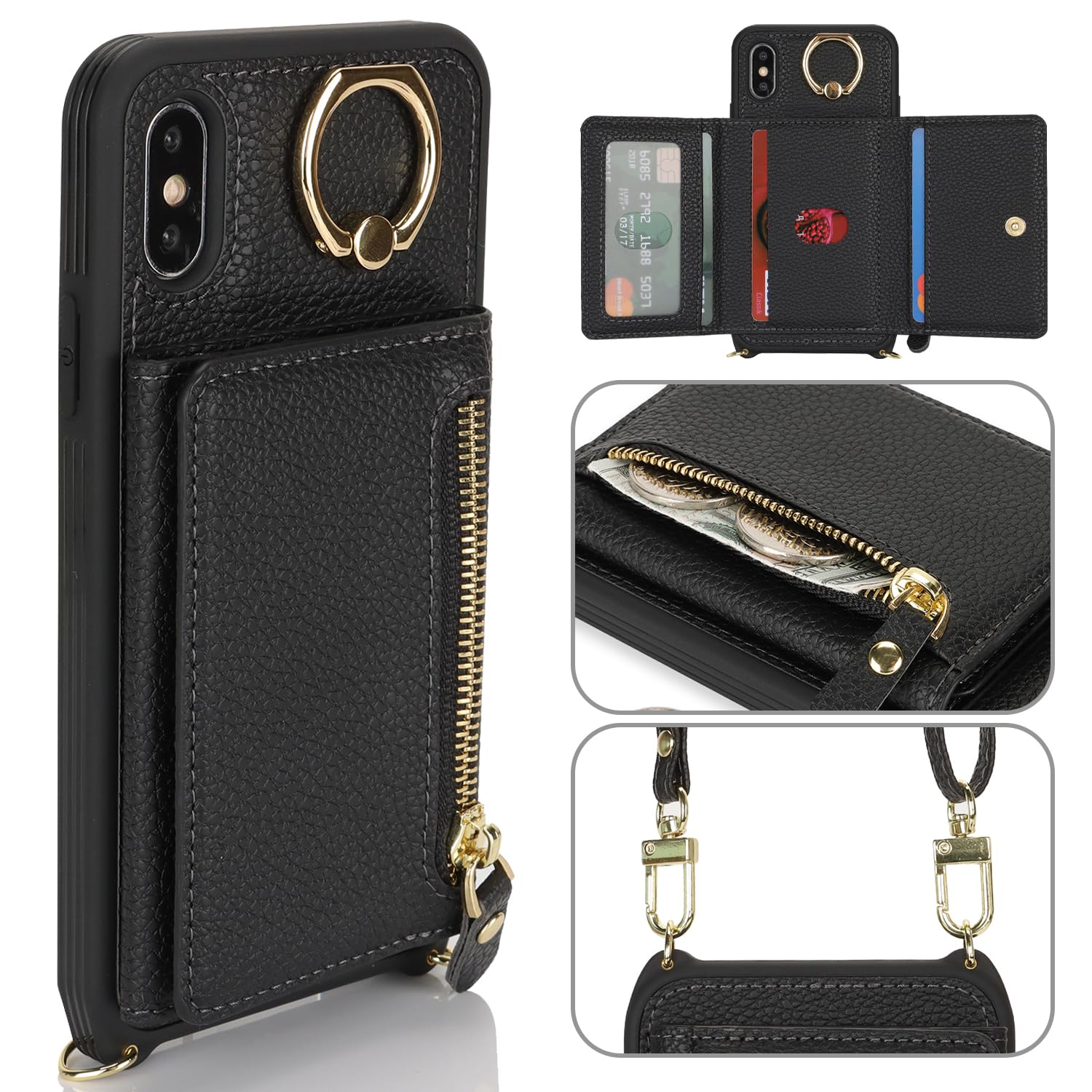 Premium PU Leather iPhone X/Xs Wallet Case with Card Holder, Crossbody Strap & Stand Ring - Secure Zipper Pocket for Cards & Cash - Stylish & Functional Phone Case for Women - Perfect for Travel, Shopping & Daily Use (Black)
