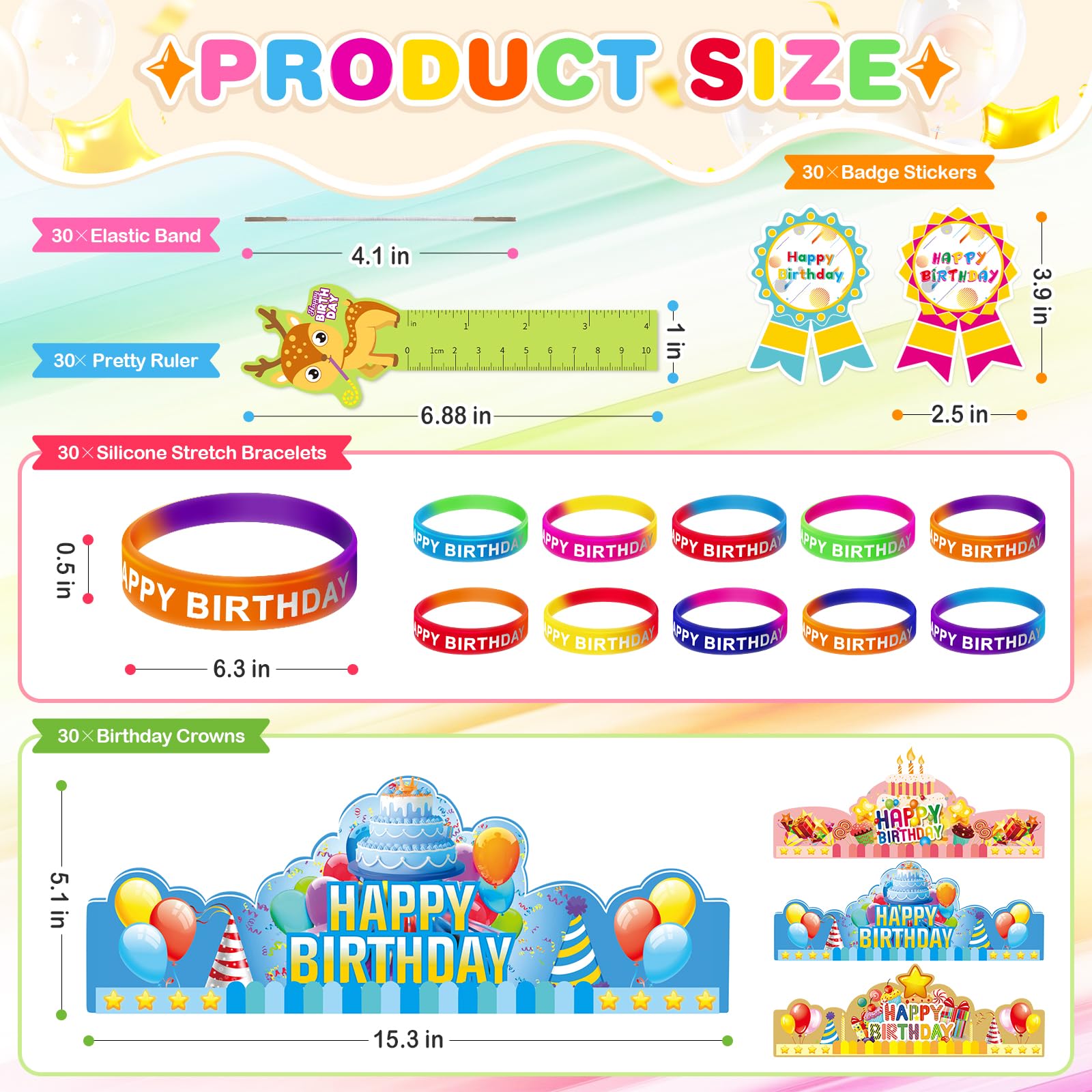 120 Pcs Happy Birthday Party Kit for Kids - Birthday Crowns, Bookmark Rulers, Silicone Bracelets, Badge Stickers & Party Hats - Perfect for Classroom Celebrations, School Parties & Teacher Supplies