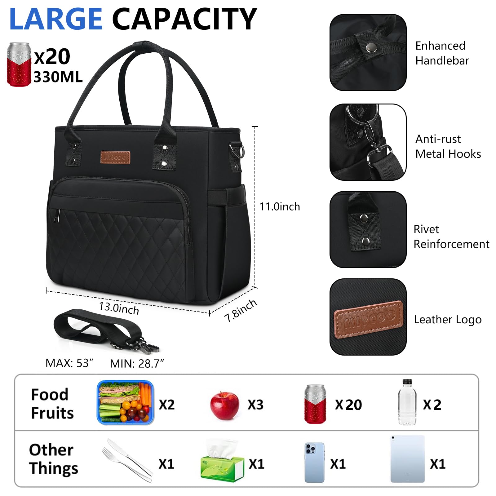 MIYCOO Insulated Lunch Bag for Women & Men - Leakproof Large Lunch Tote Box Cooler Bag for Office, School, Picnic - Black (Perfect for Work, Gym & Outdoor Activities)